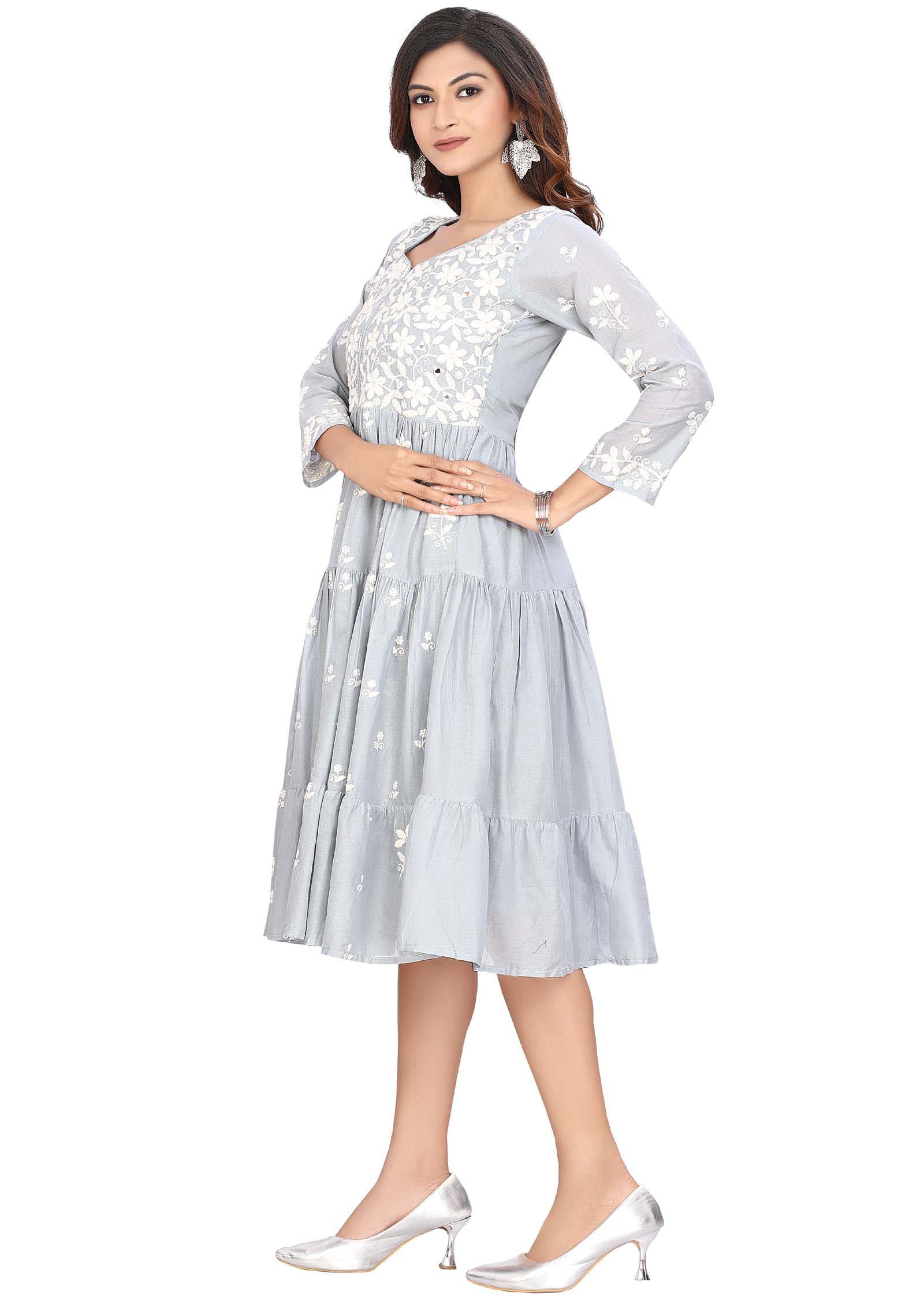 Light Grey Cotton Mirror work Frock Style Kurti