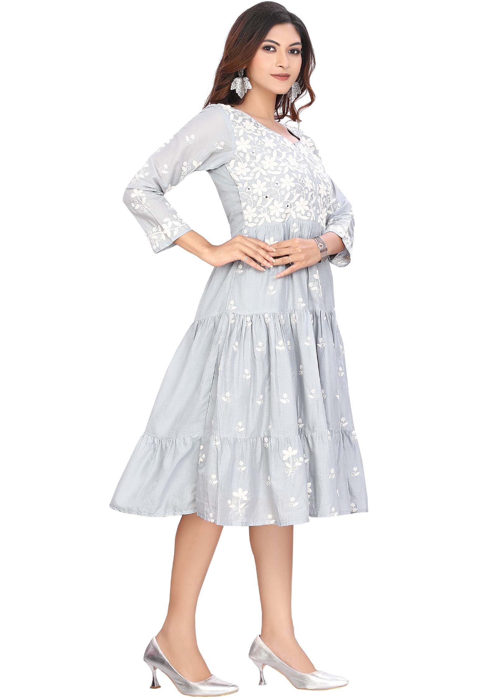 Light Grey Cotton Mirror work Frock Style Kurti
