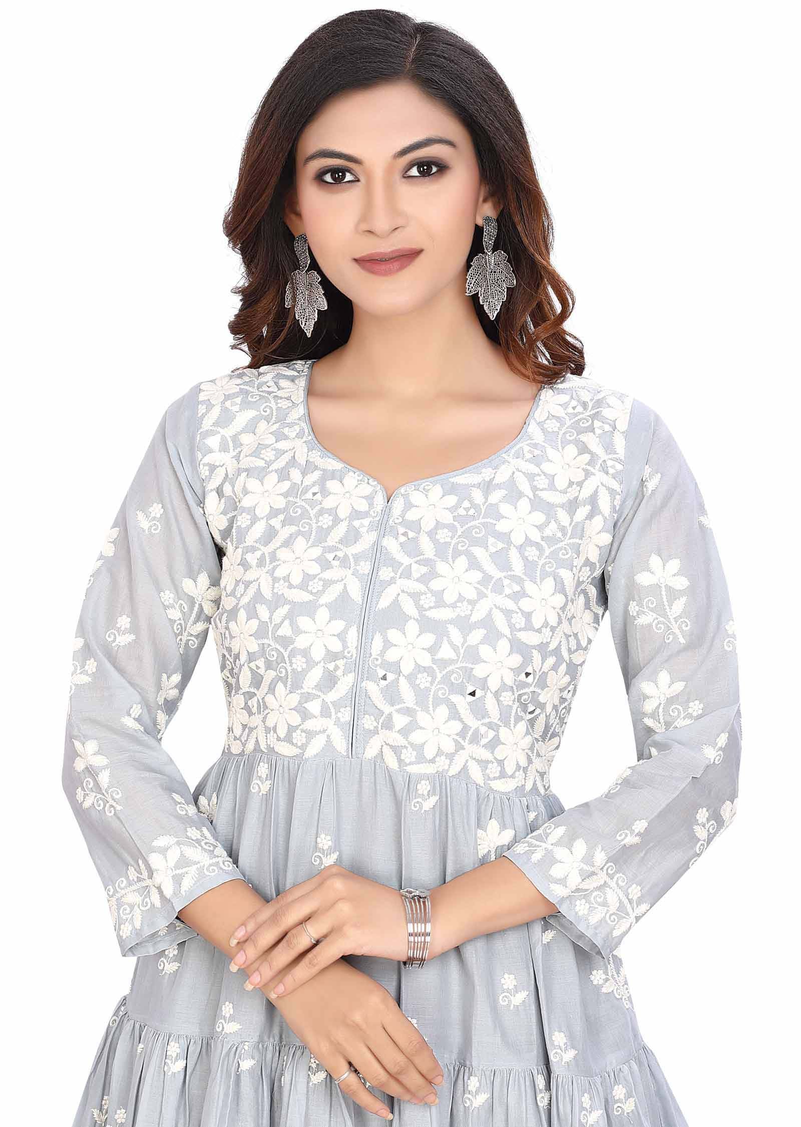 Light Grey Cotton Mirror work Frock Style Kurti