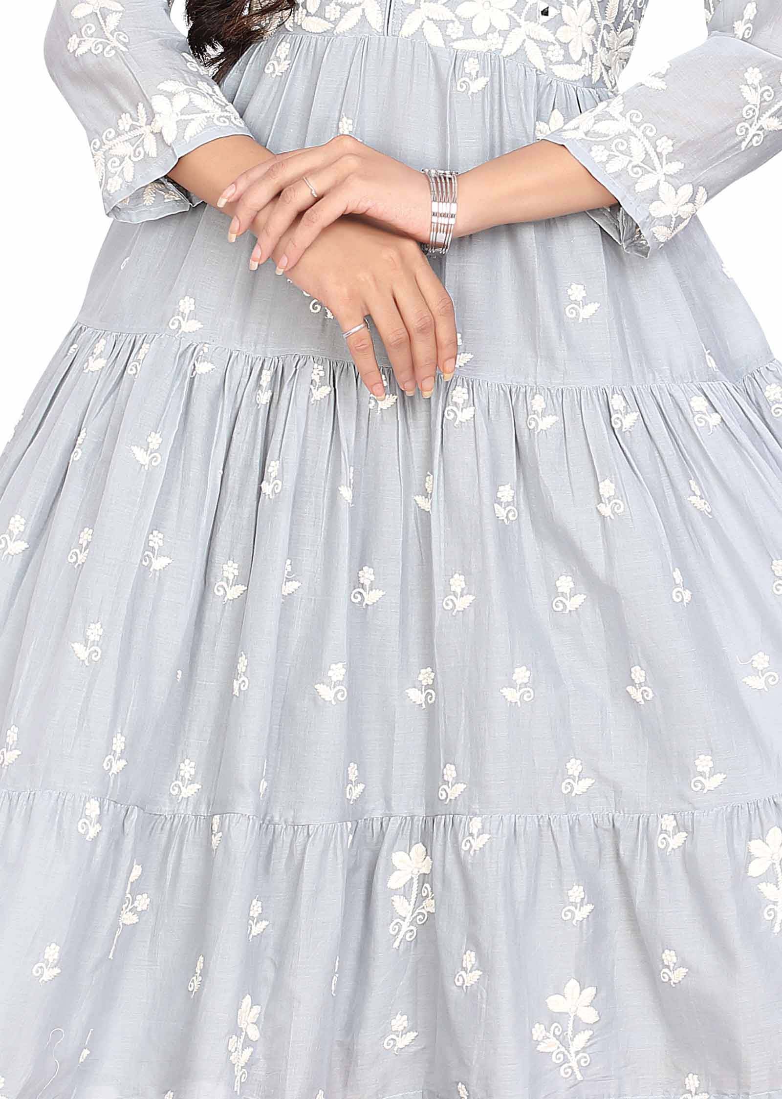 Light Grey Cotton Mirror work Frock Style Kurti