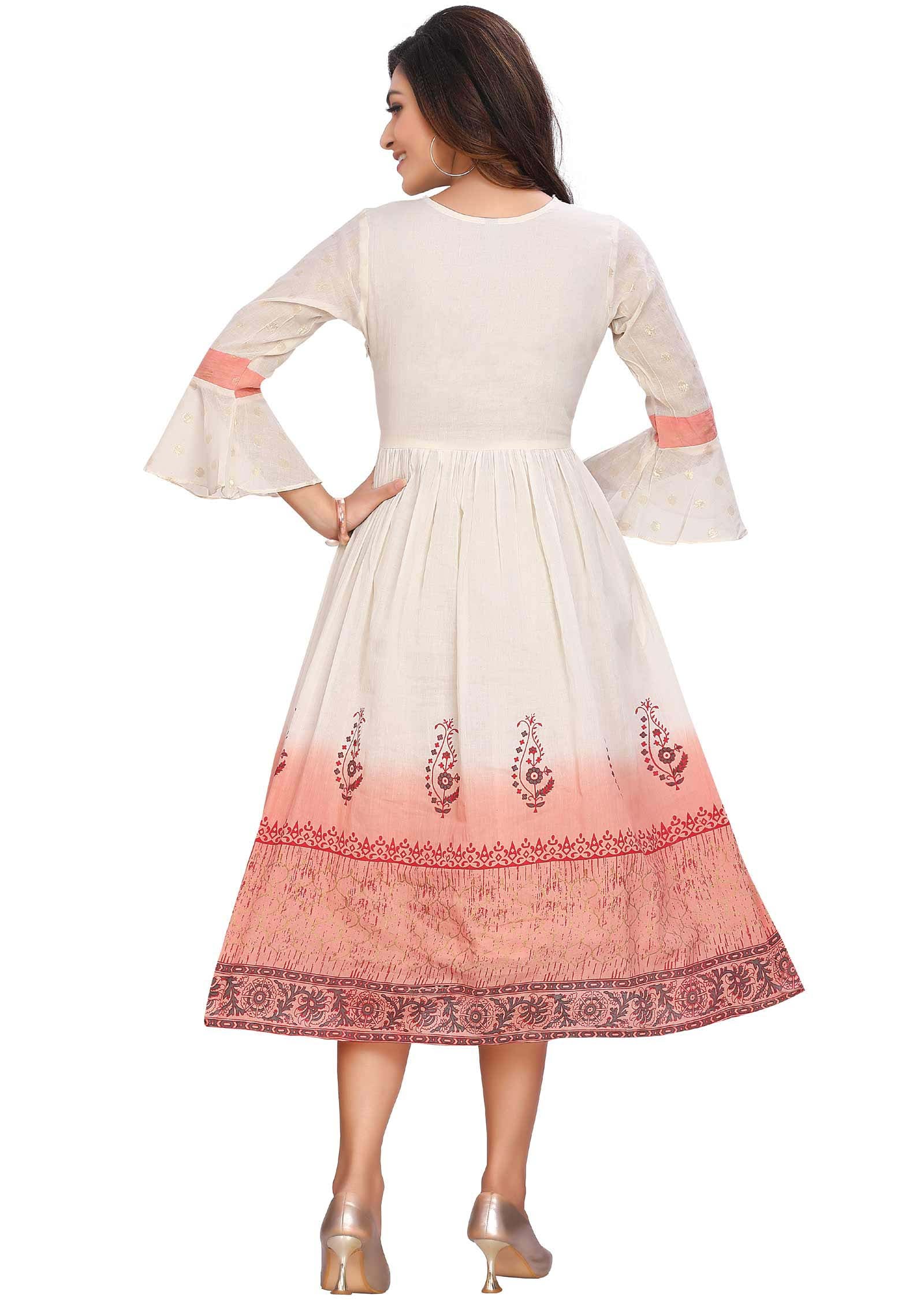 Cream Banaras Cotton Printed Frock Style Kurti