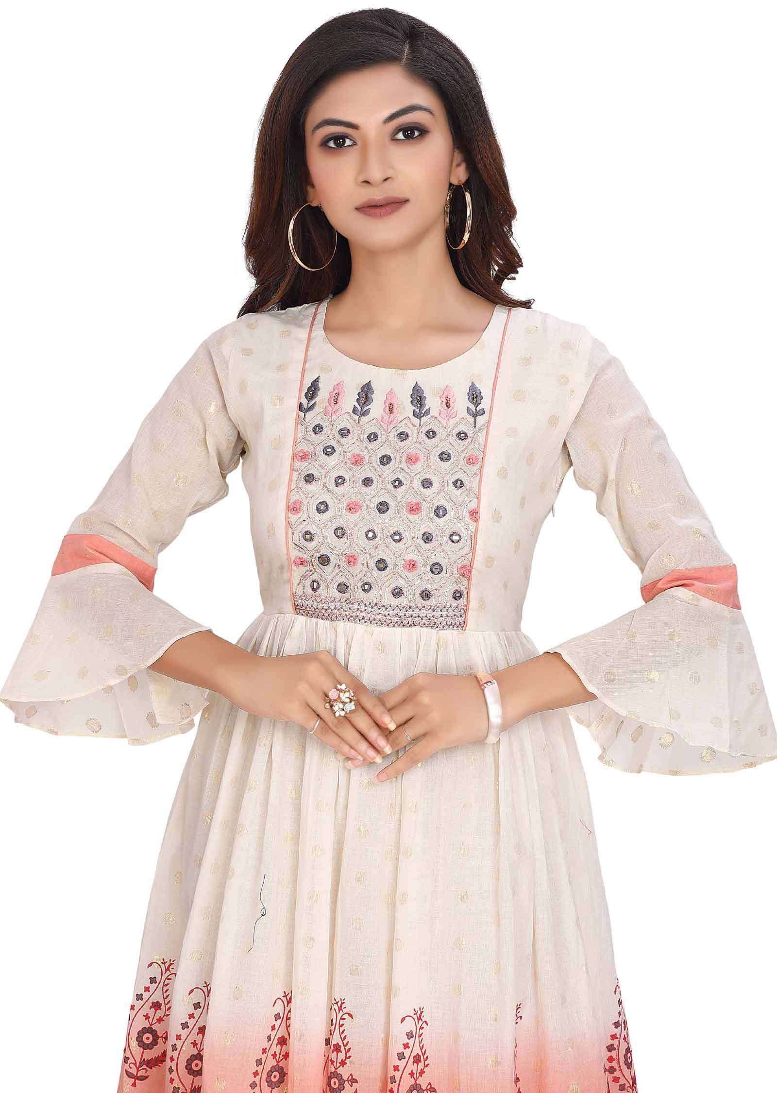 Cream Banaras Cotton Printed Frock Style Kurti