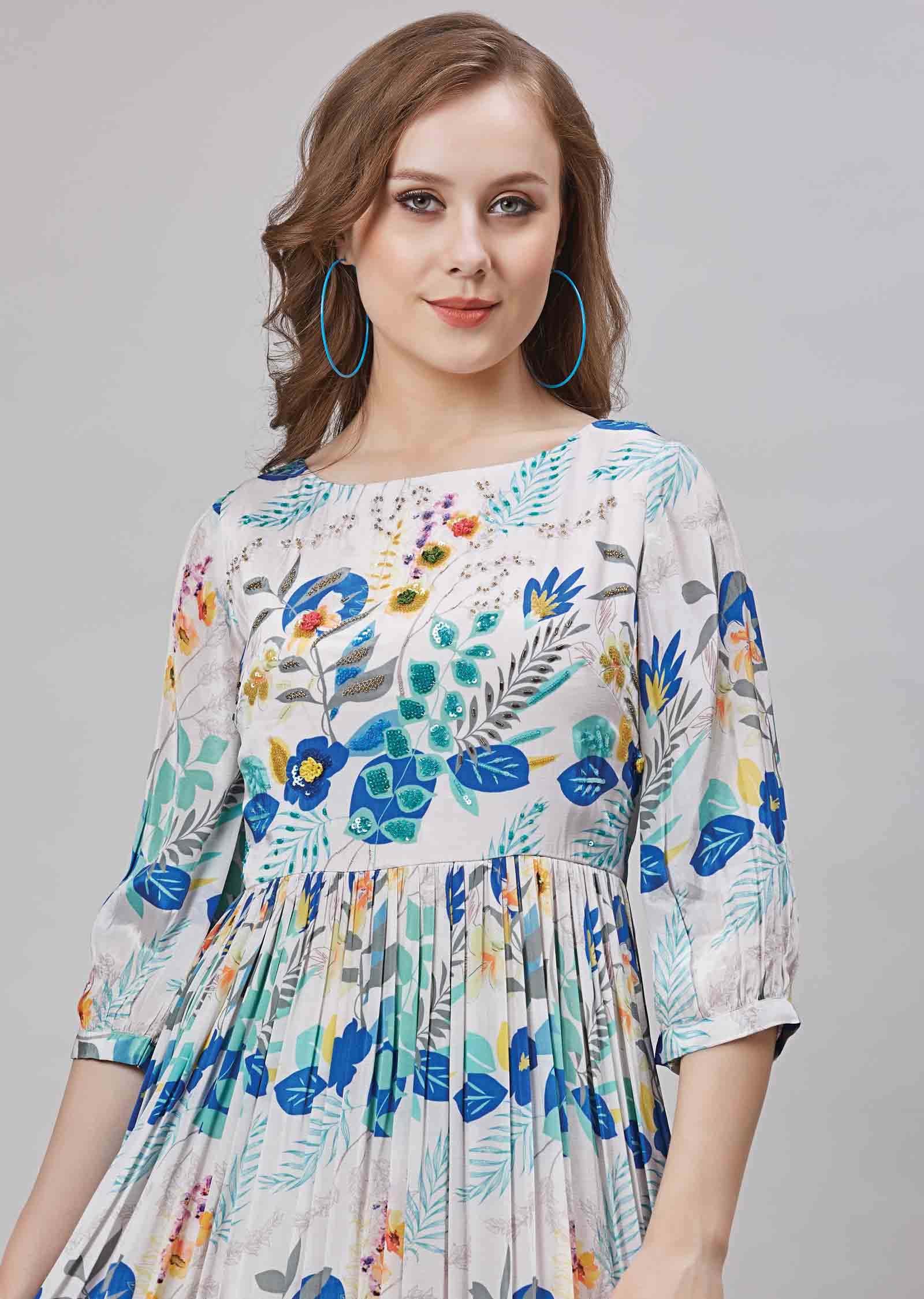 Off white Crepe Embroidered Frock Style Kurti