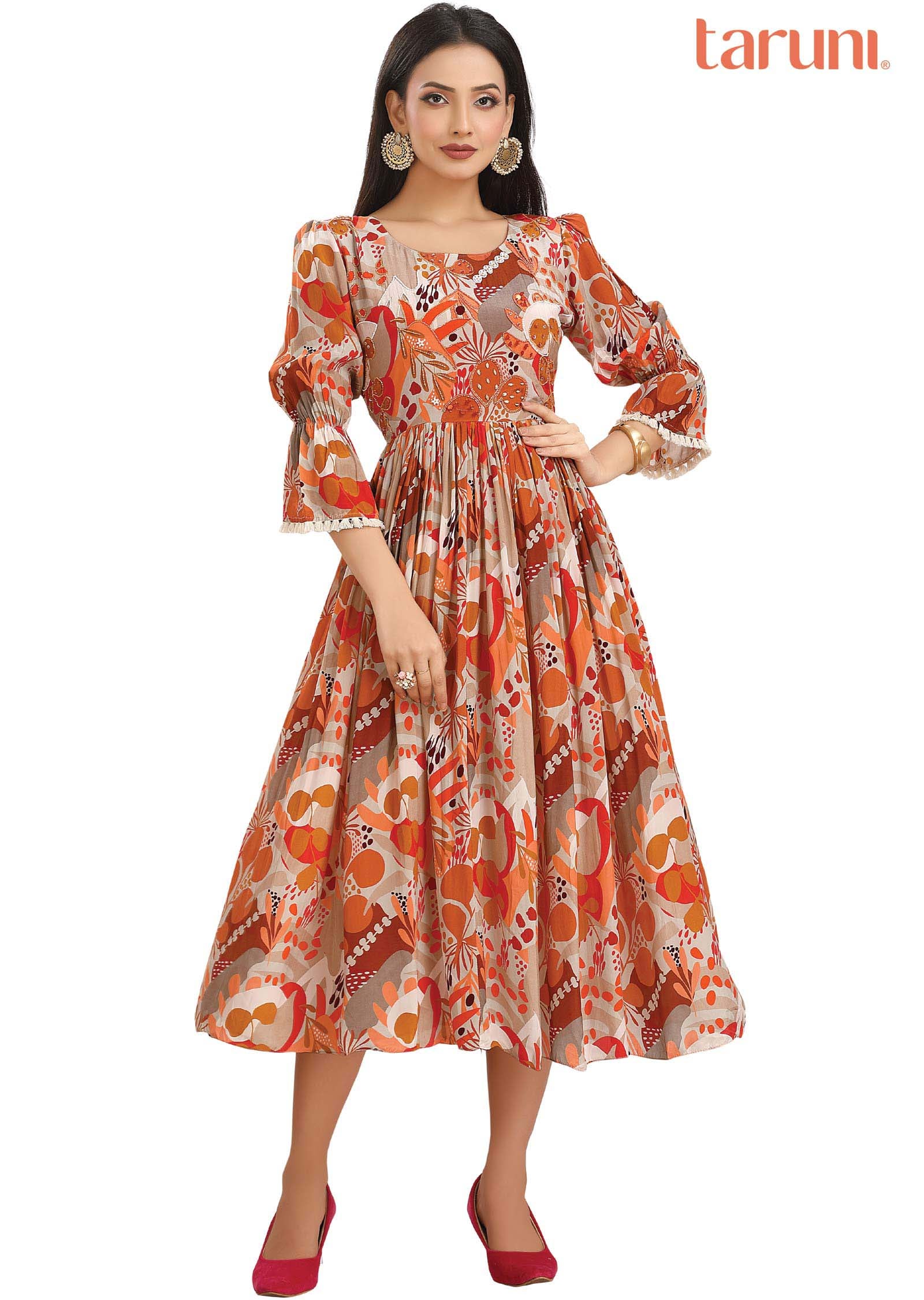 Fawn Orange Crepe Embroidered Alia cut Kurti Frock Style