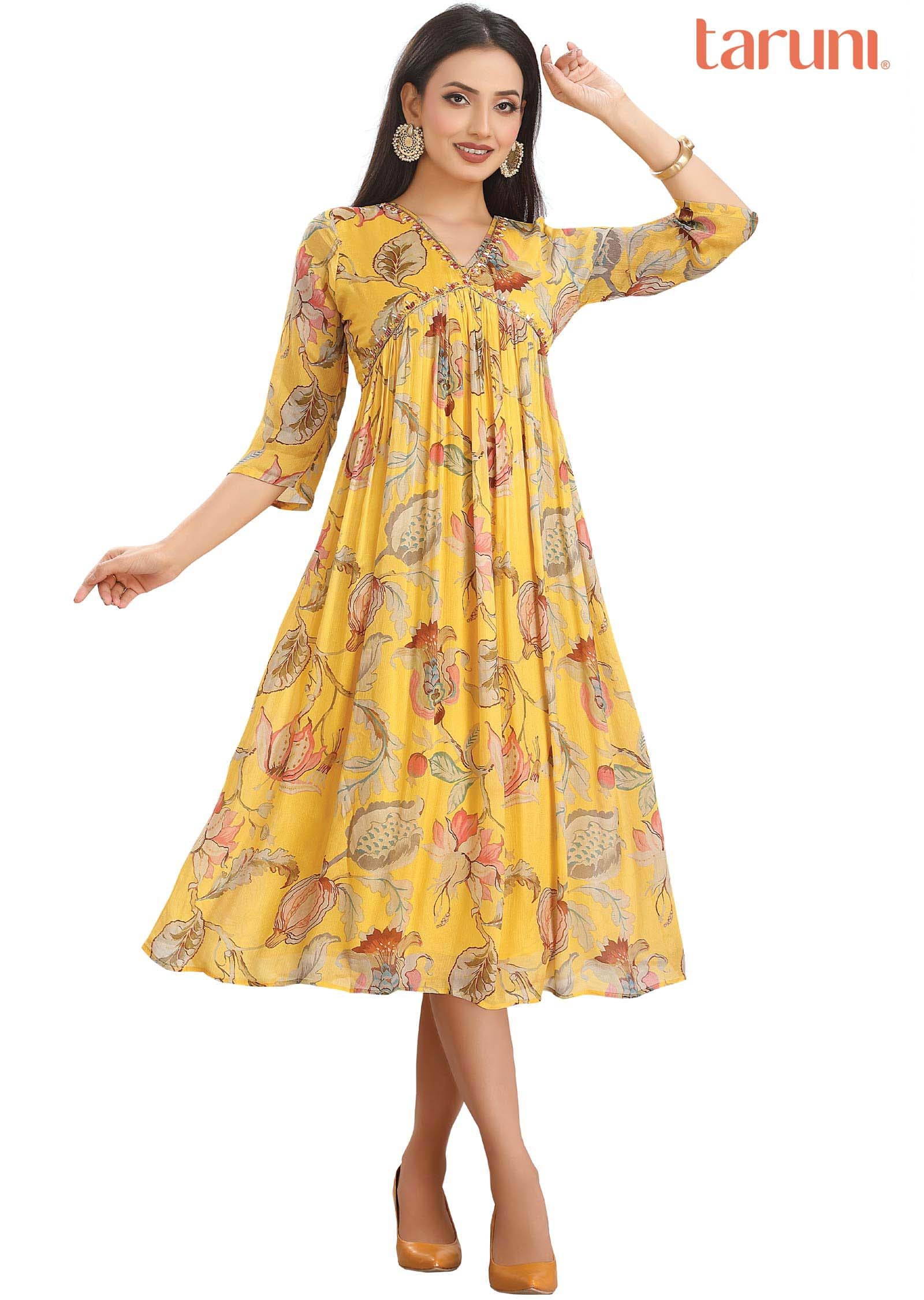 Yellow Chinnon Printed Alia cut Frock Style Kurti