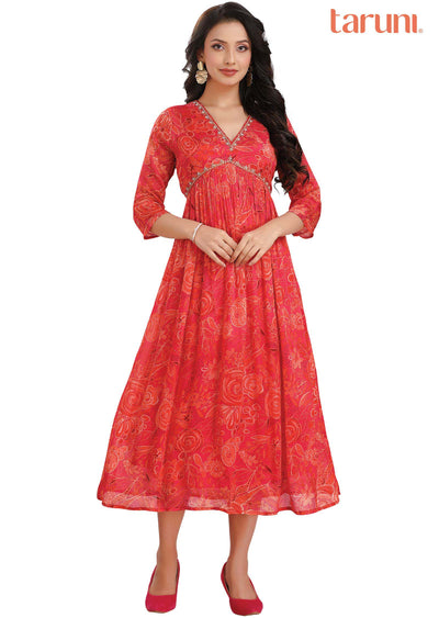 Rani Pink Chinnon Printed Alia cut Frock Style Kurti