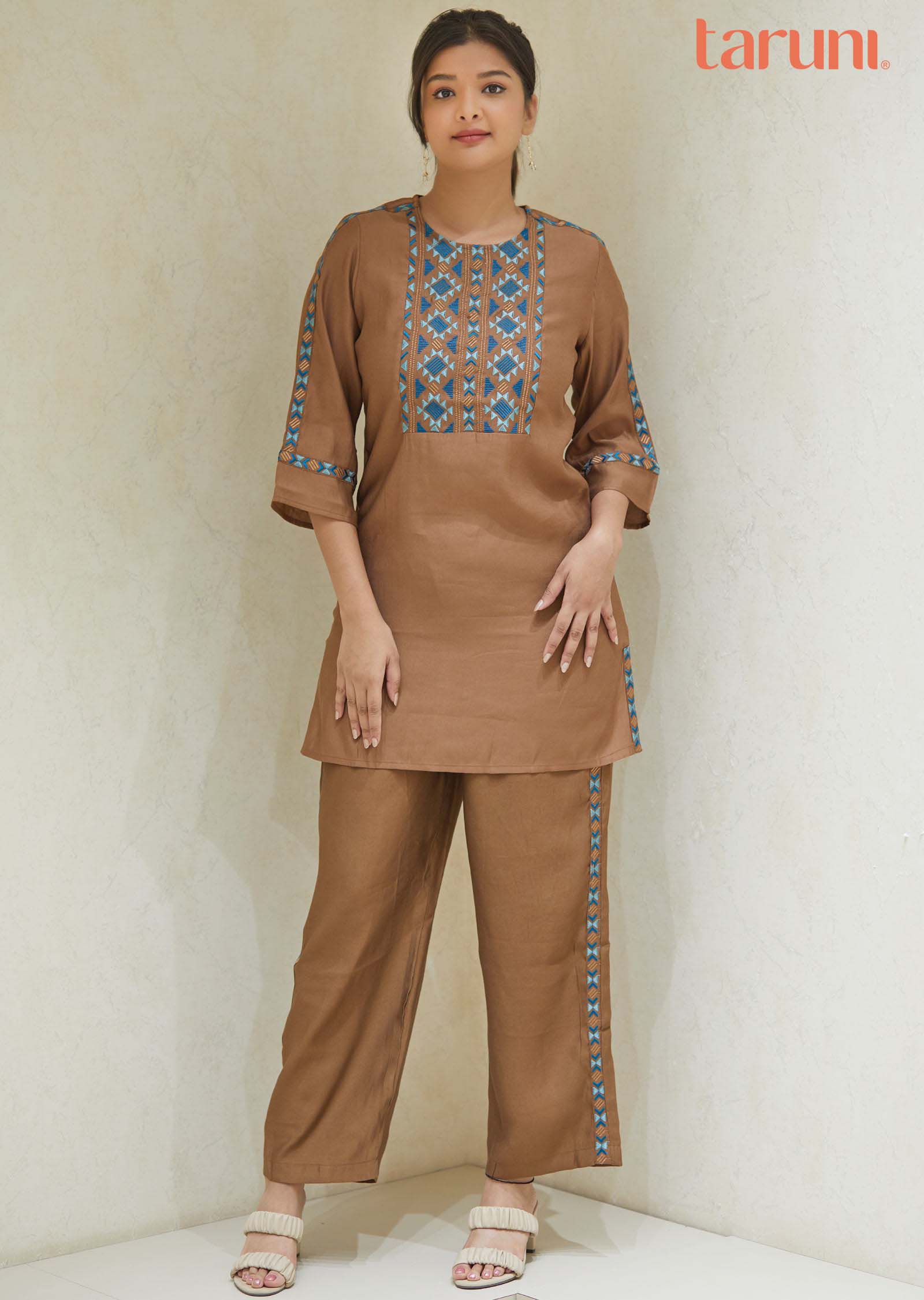 Brown Soft Silk Resham Work Co-Ord Set