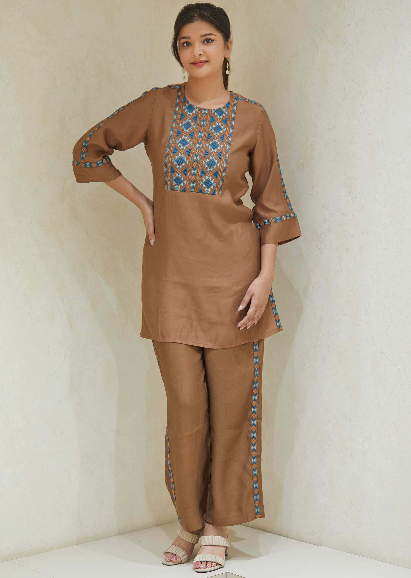 Brown Soft Silk Resham Work Co-Ord Set