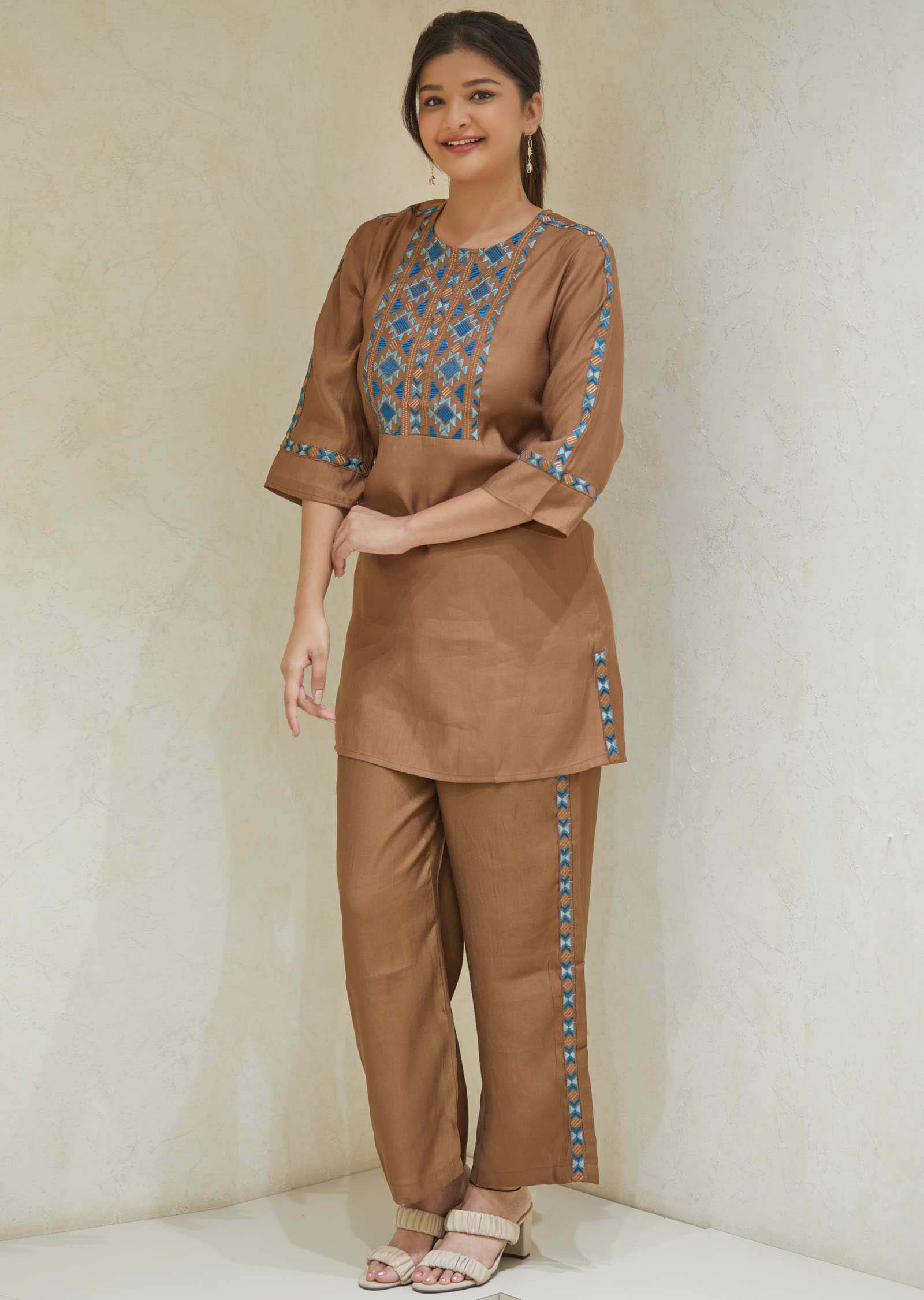 Brown Soft Silk Resham Work Co-Ord Set