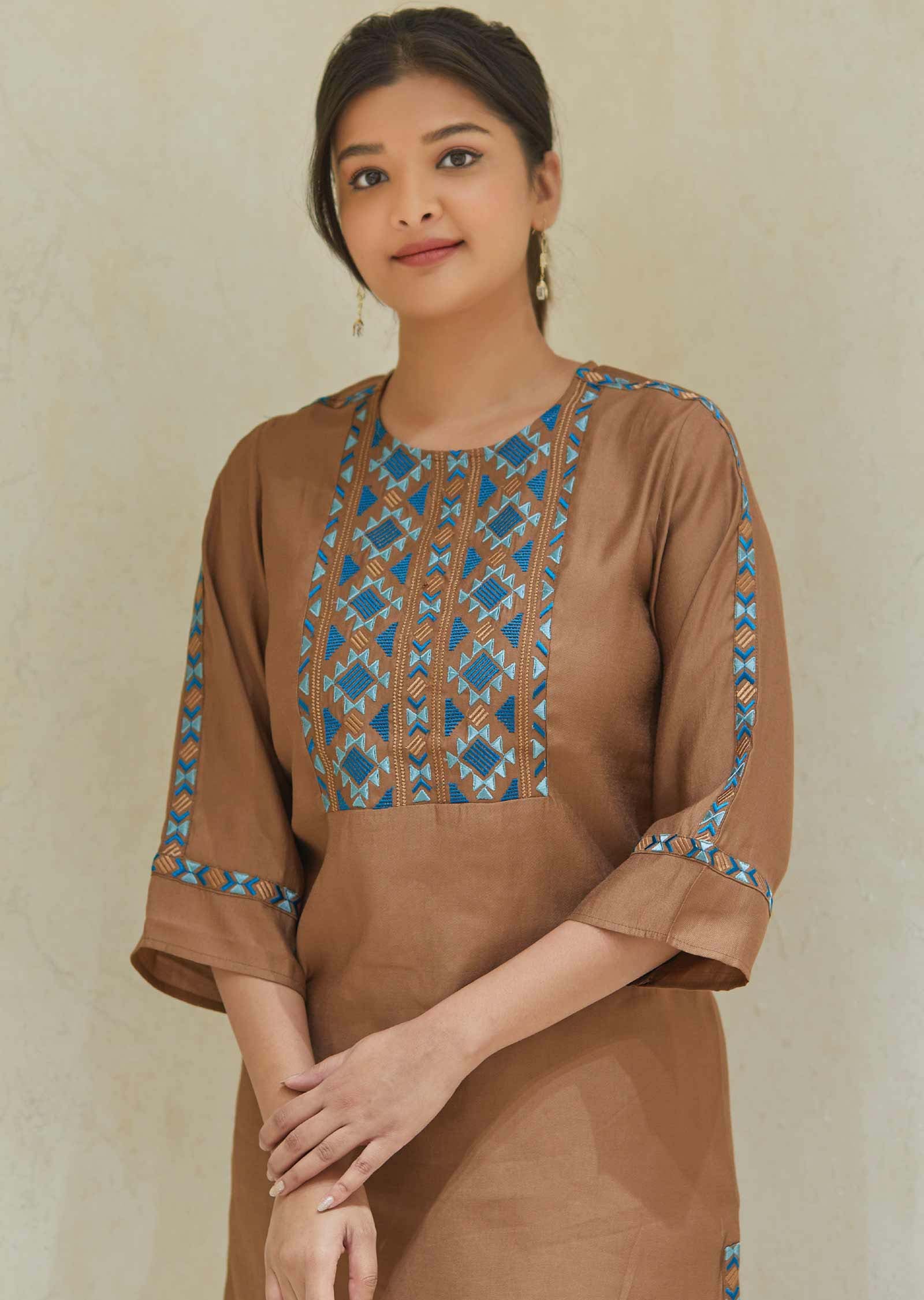 Brown Soft Silk Resham Work Co-Ord Set