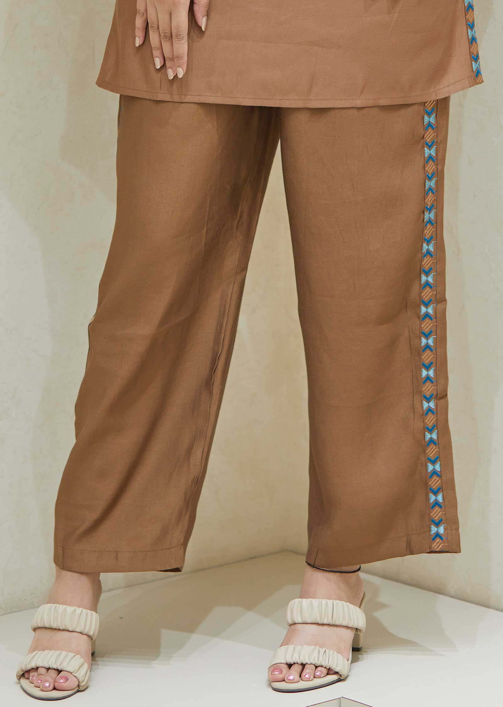 Brown Soft Silk Resham Work Co-Ord Set