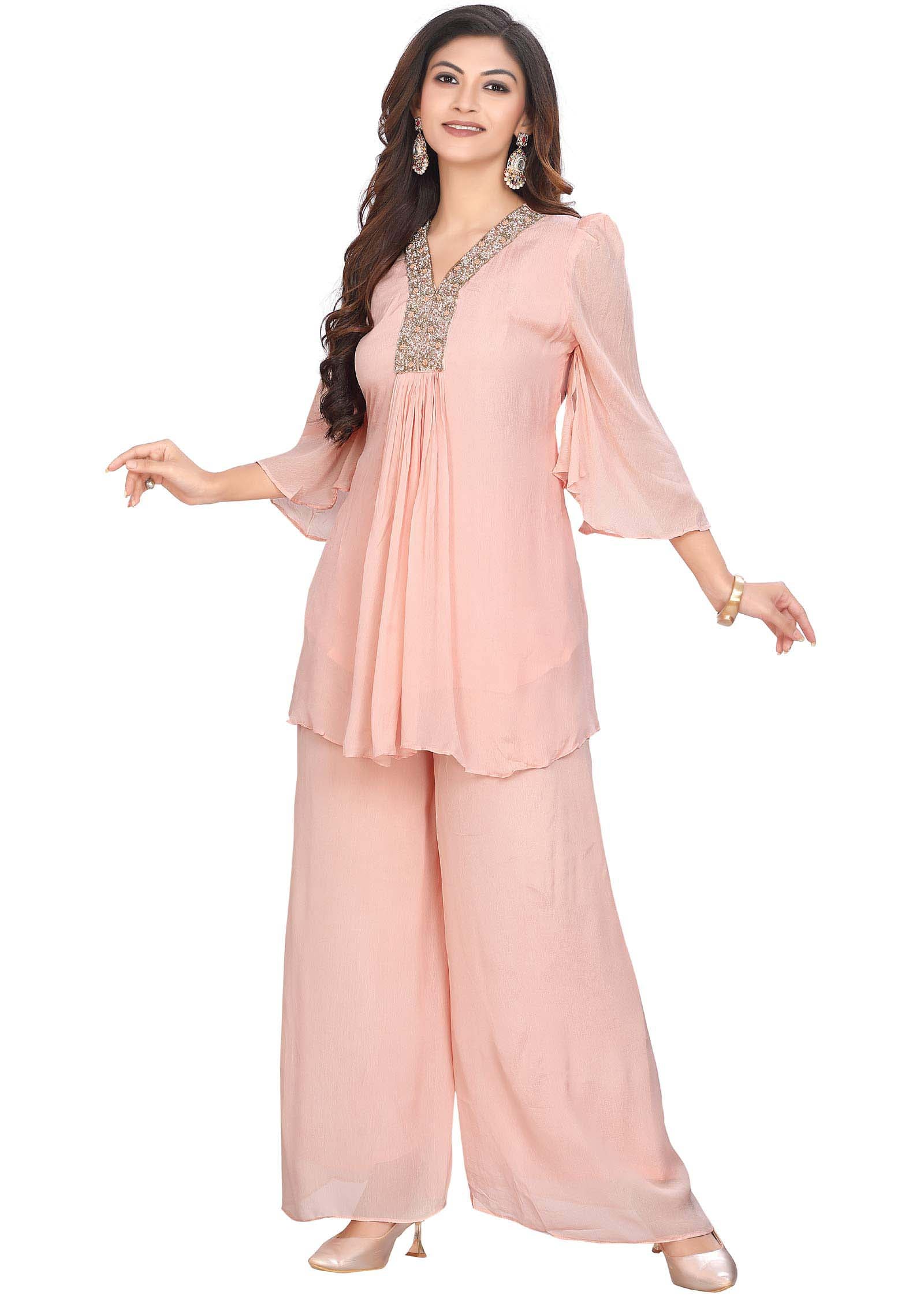 Peach Chinnon Embroidered Co-Ord Set