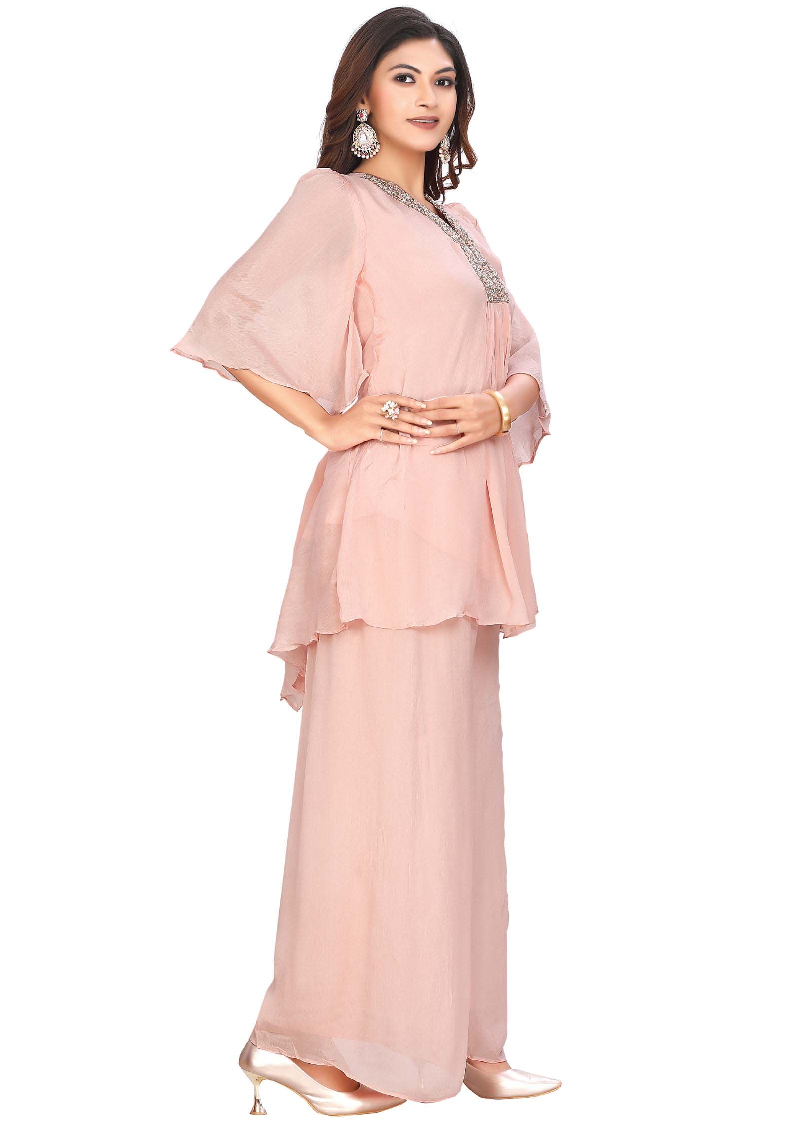 Peach Chinnon Embroidered Co-Ord Set