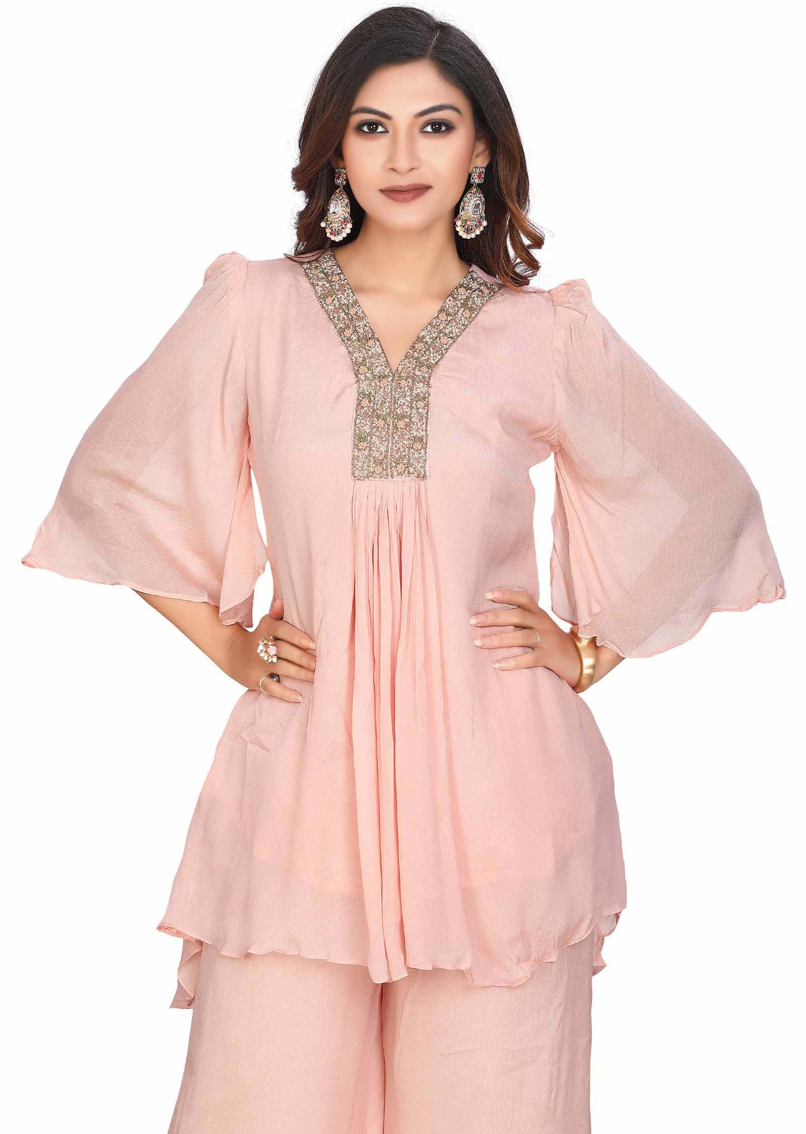 Peach Chinnon Embroidered Co-Ord Set