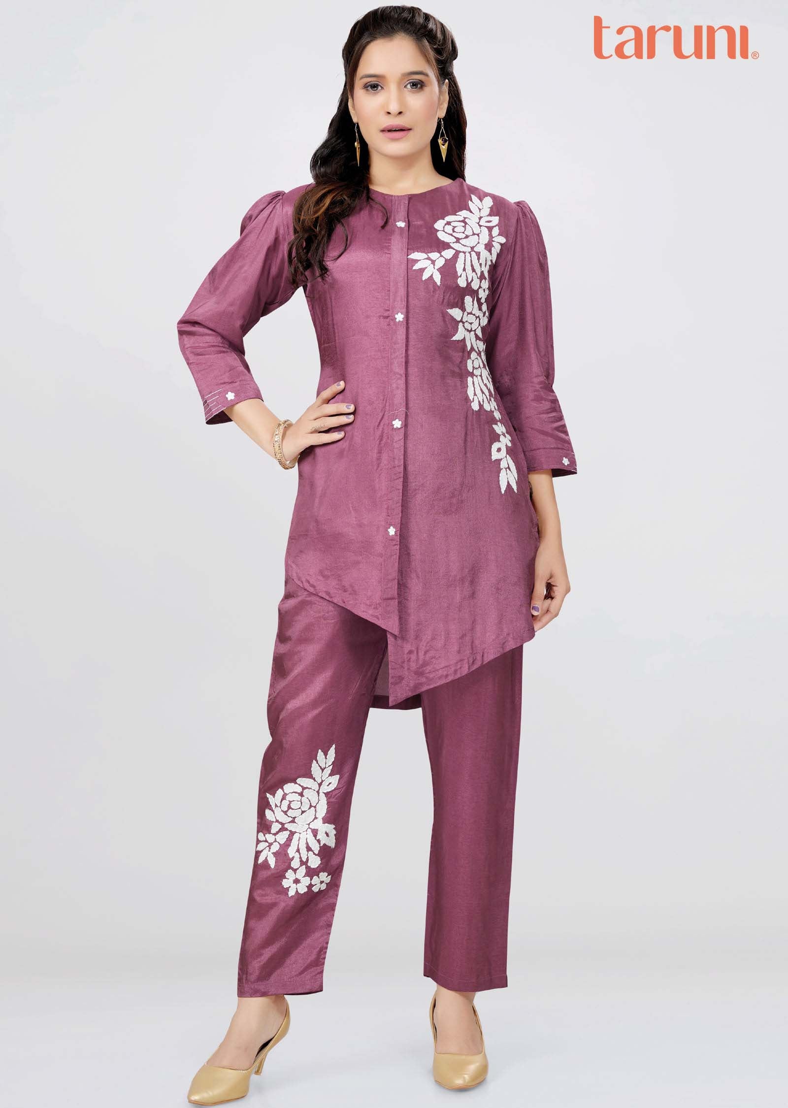 Co-ord set Dusty Mauve & Rose Mirror Silk Slub drop shoulder tunic & pants (set of 2)