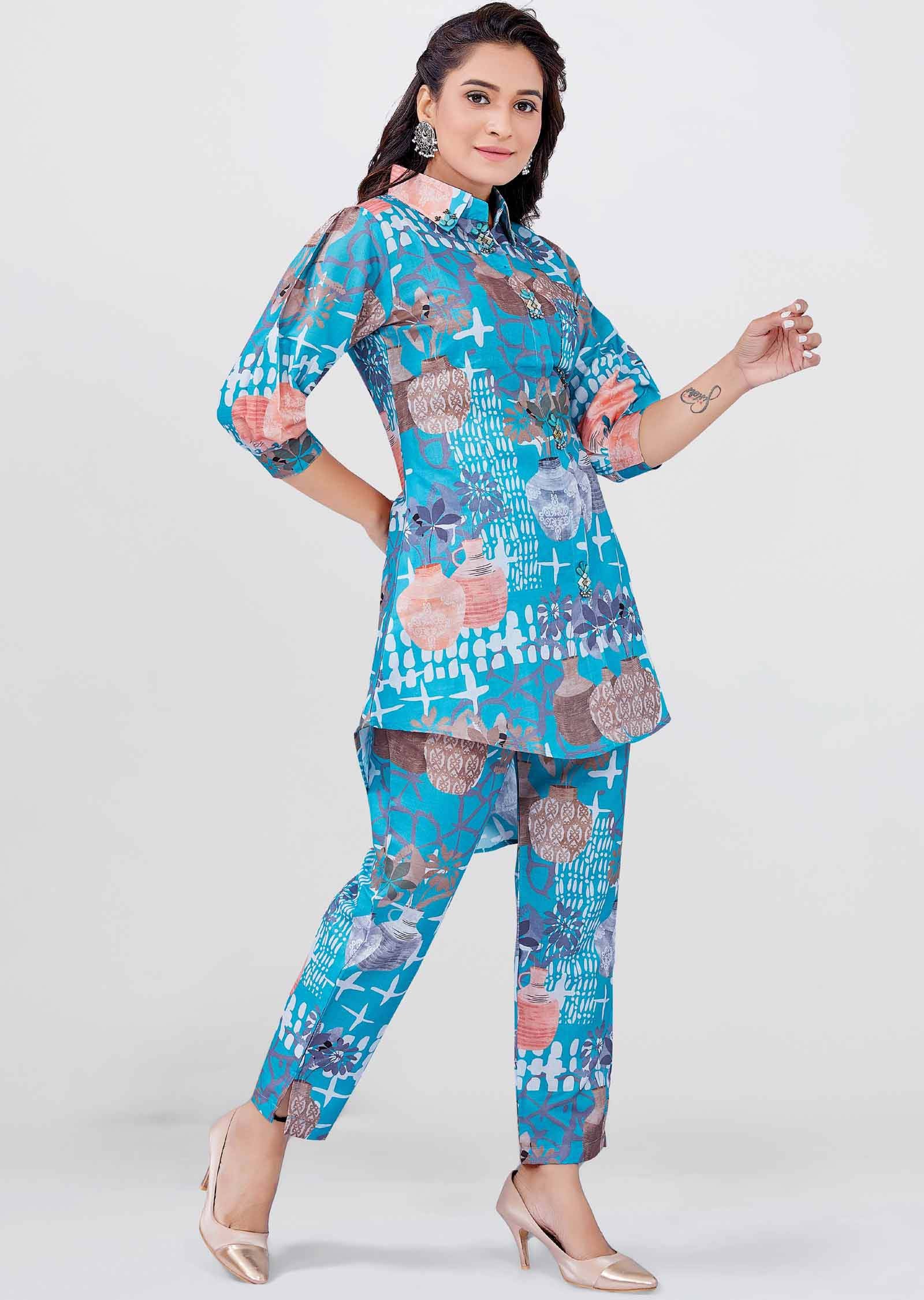 Sea Green Linen Cotton Printed Co-Ord Set