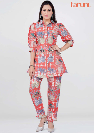 Coral Linen Cotton Printed Co-Ord Set