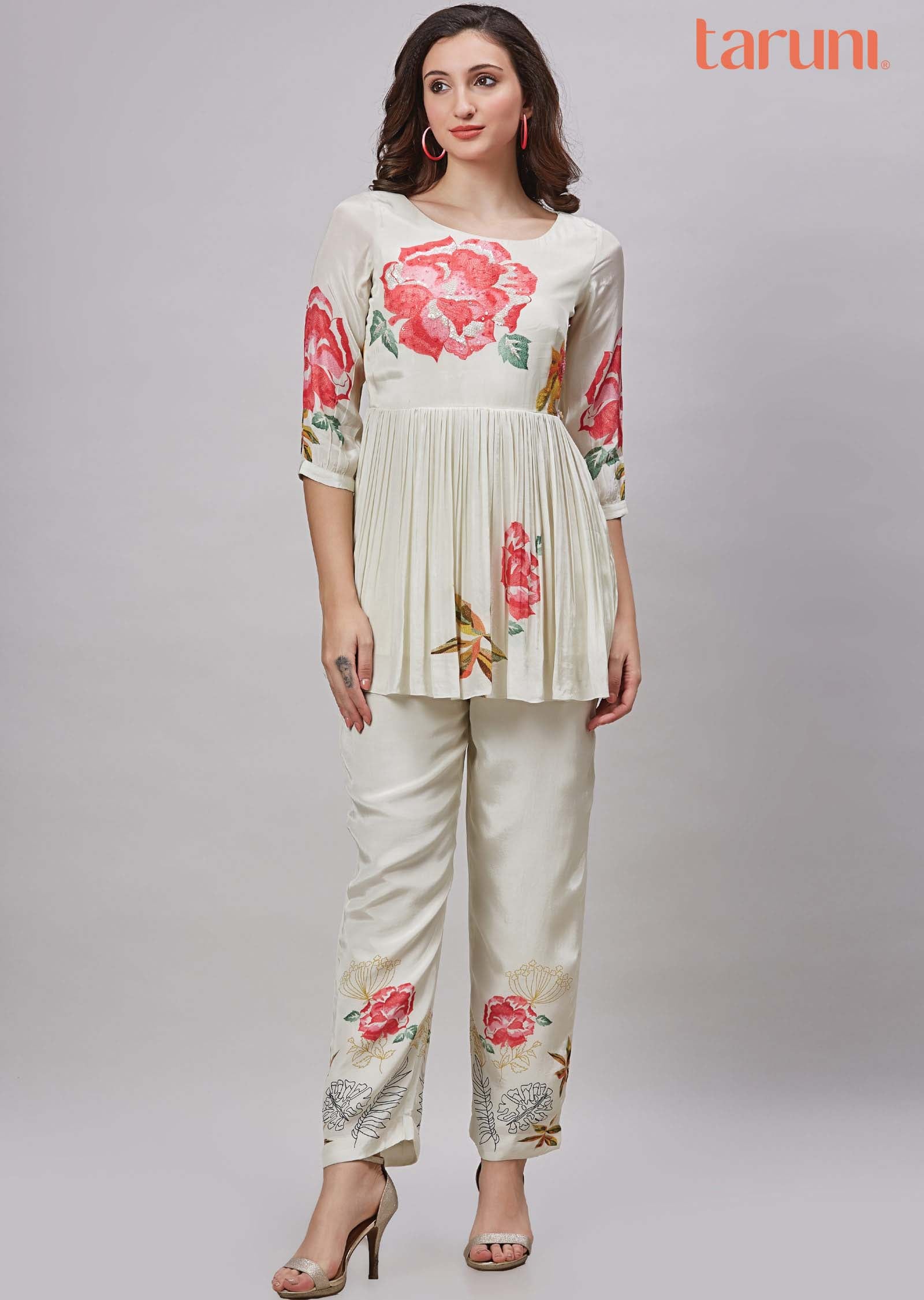 Cream Mul Cotton C-Cut Top Co-ord Set with Crosia & Embroidery Work main image 1