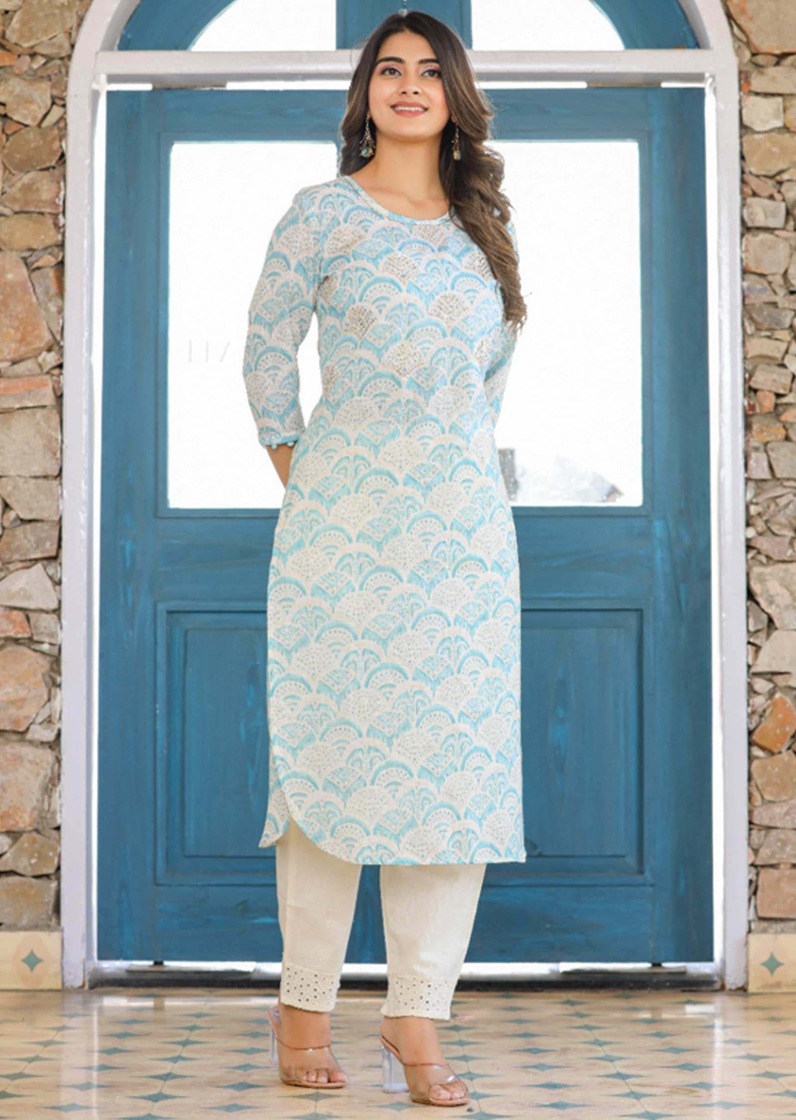 Beige/Sea Green Linen Cotton Sequins Kurti Sets