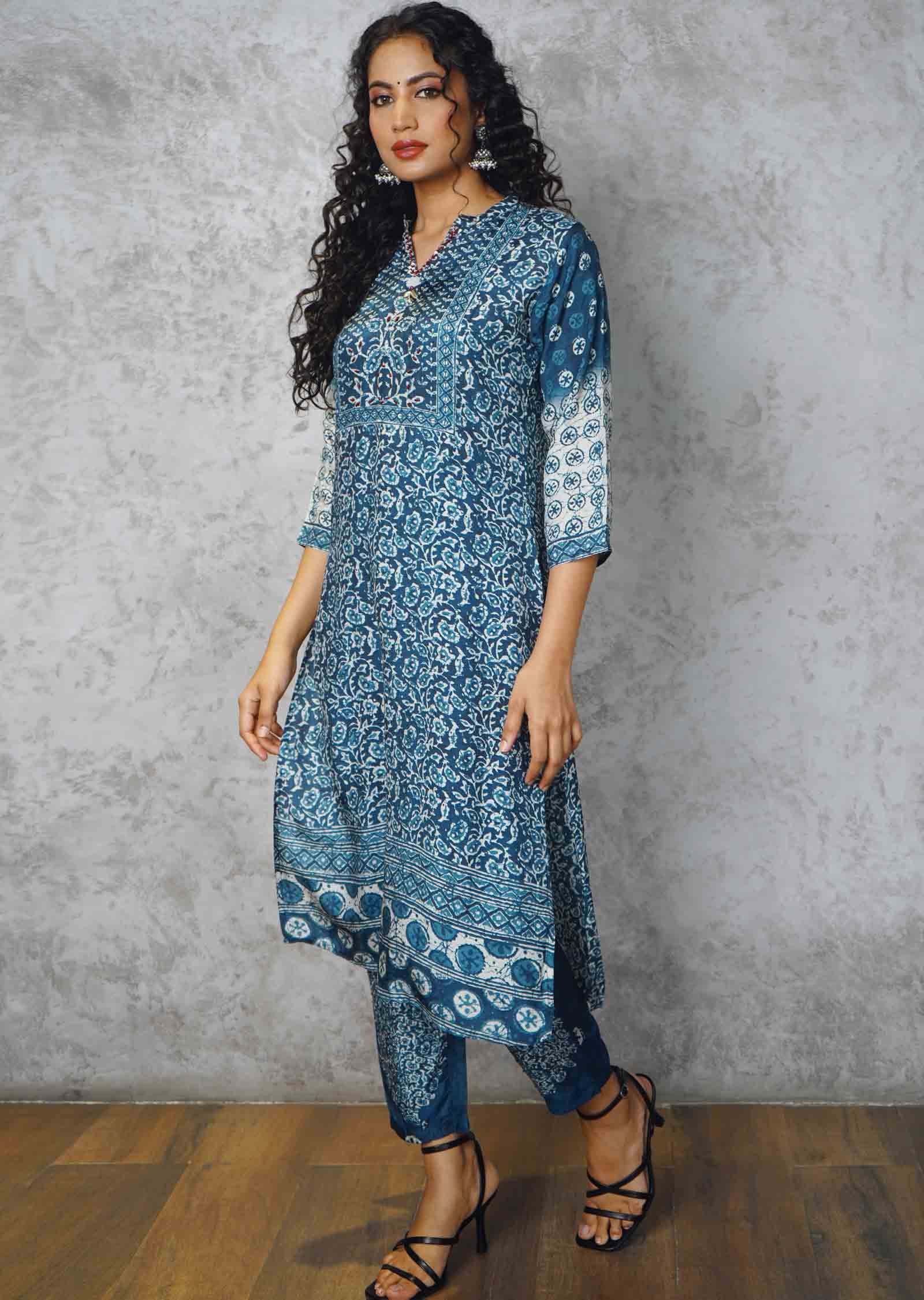 Indigo Blue Modal Embroidered Kurti Sets