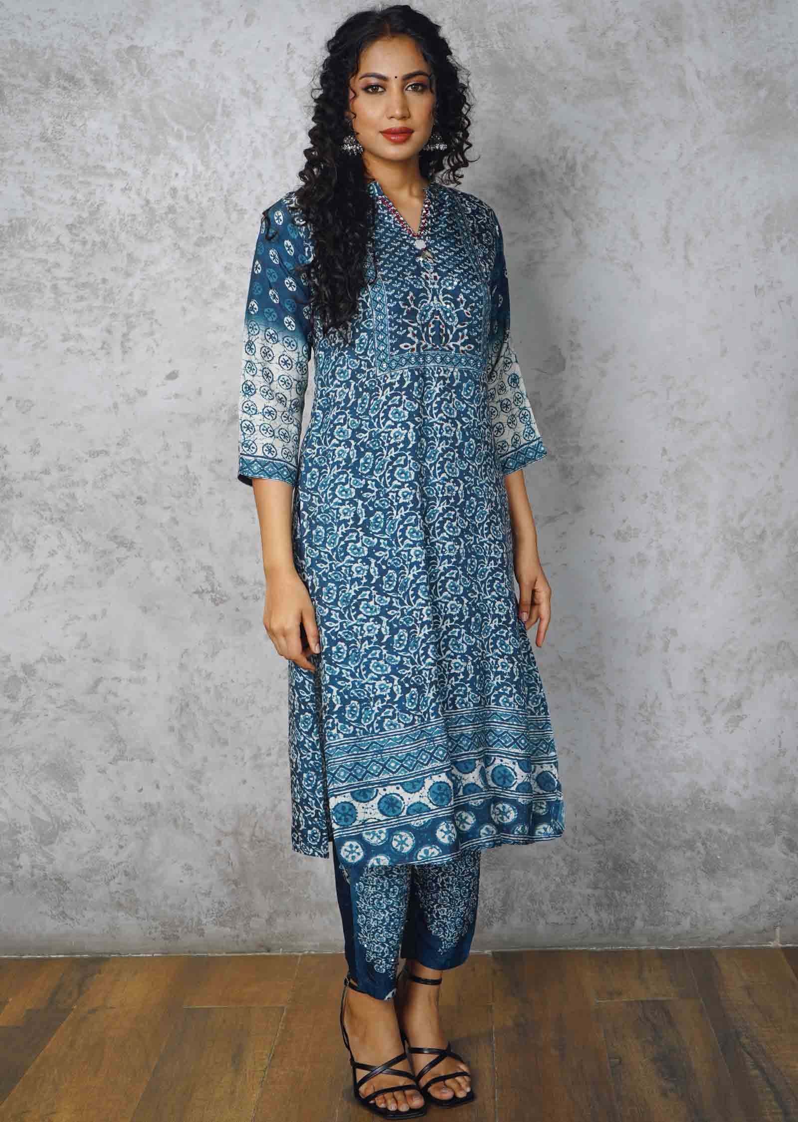 Indigo Blue Modal Embroidered Kurti Sets