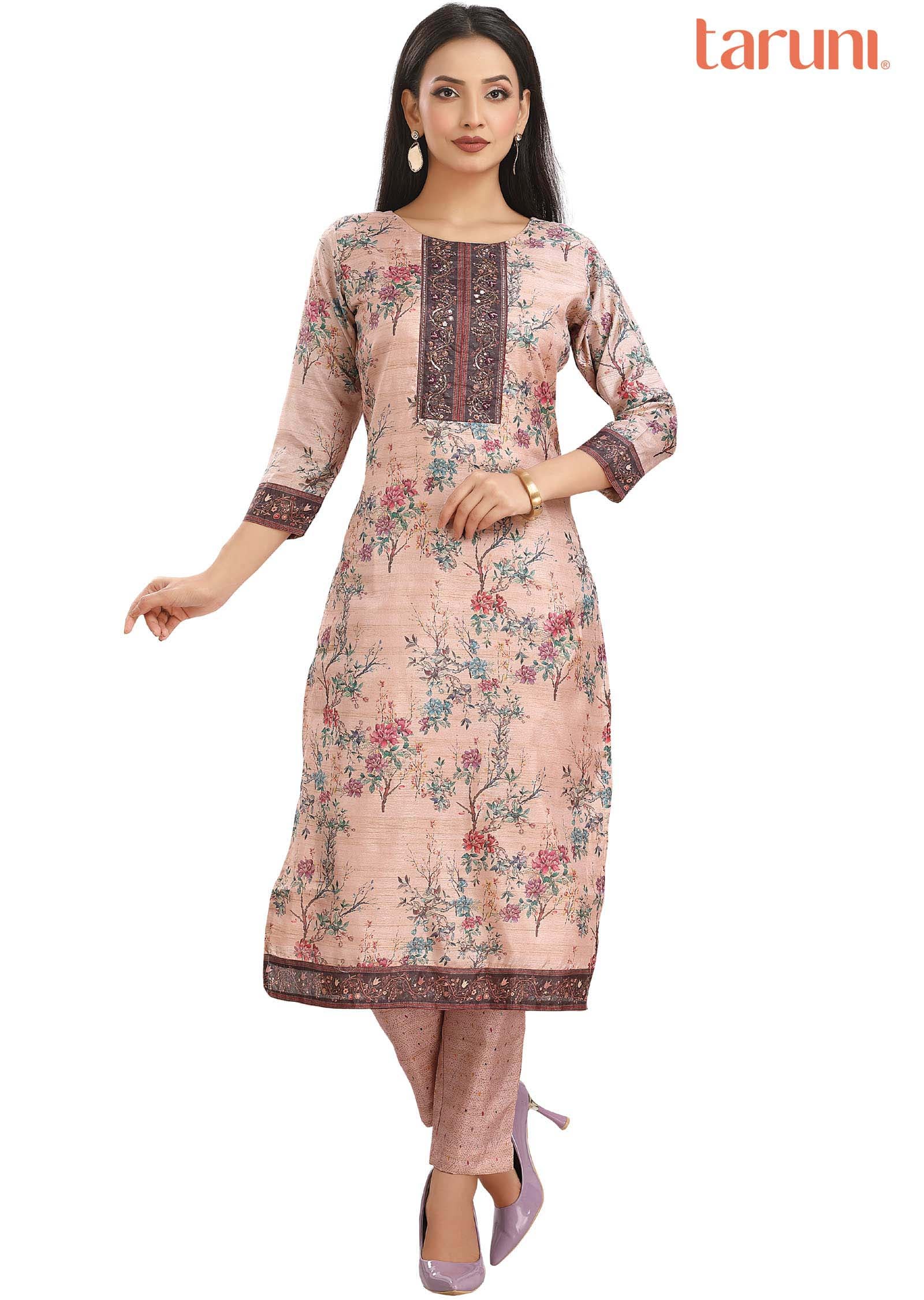 Peach Chanderi Printed Kurti Sets