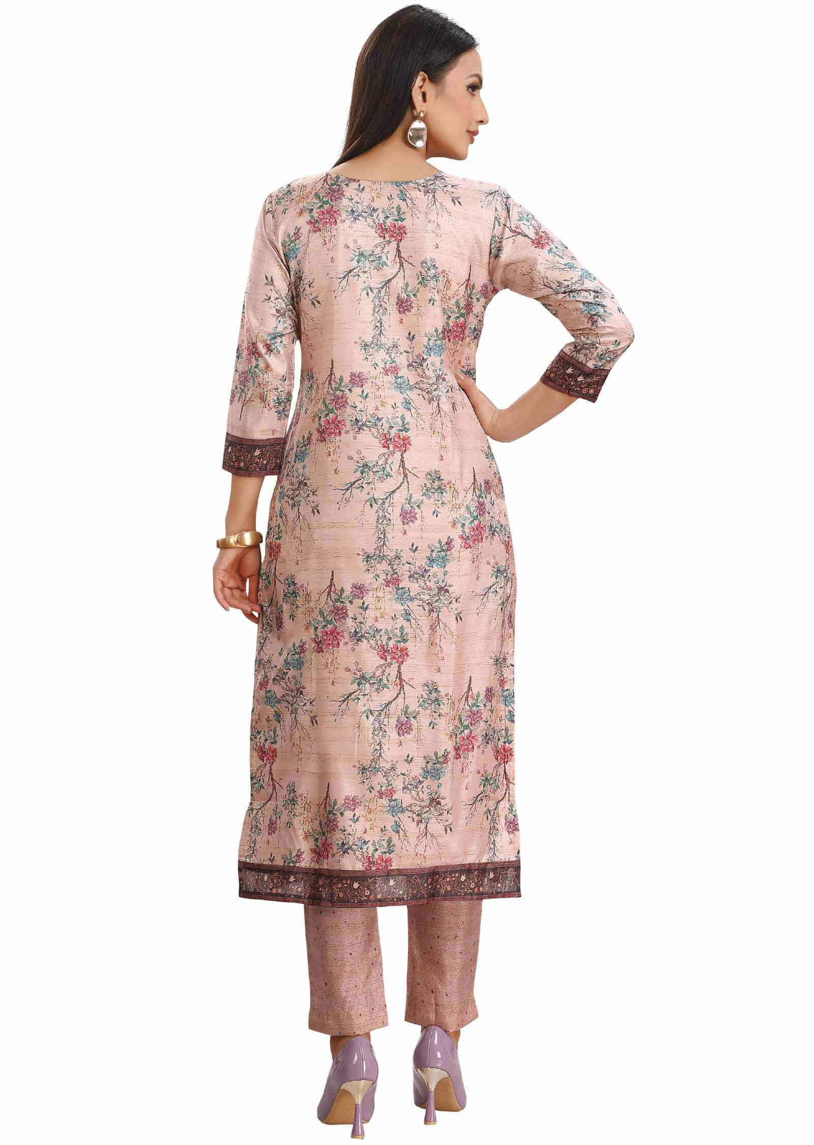 Peach Chanderi Printed Kurti Sets