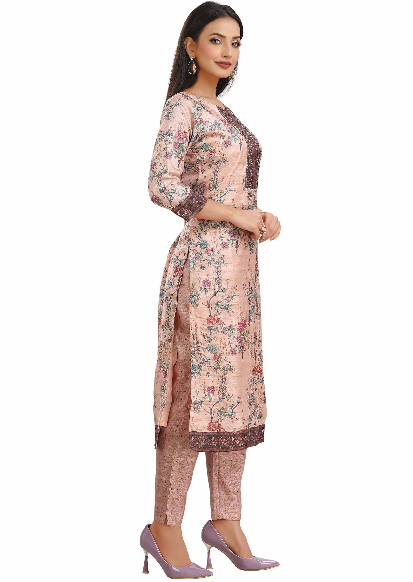 Peach Chanderi Printed Kurti Sets