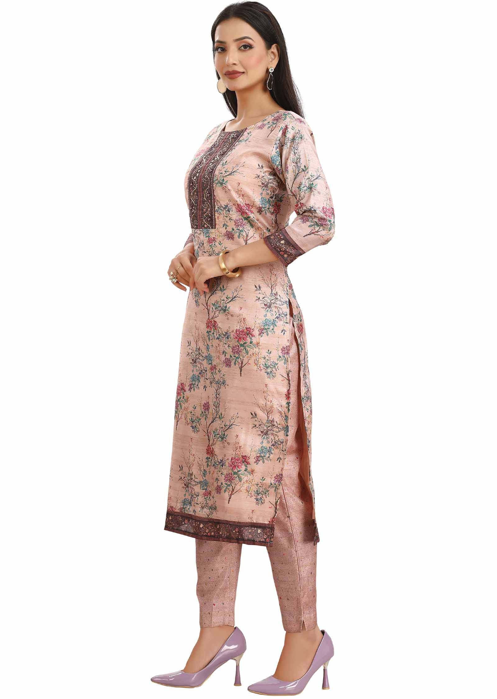 Peach Chanderi Printed Kurti Sets