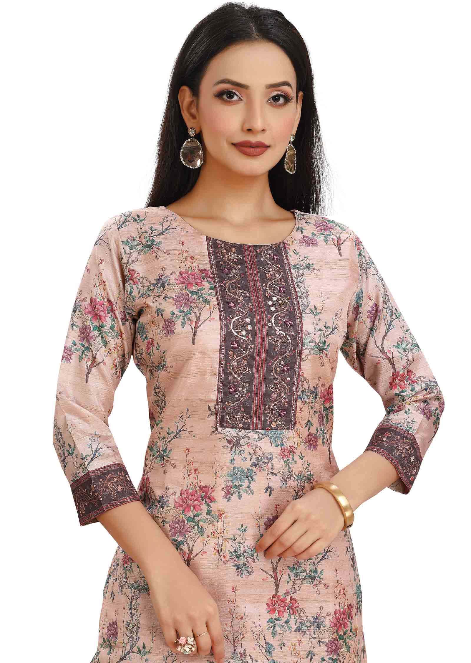 Peach Chanderi Printed Kurti Sets
