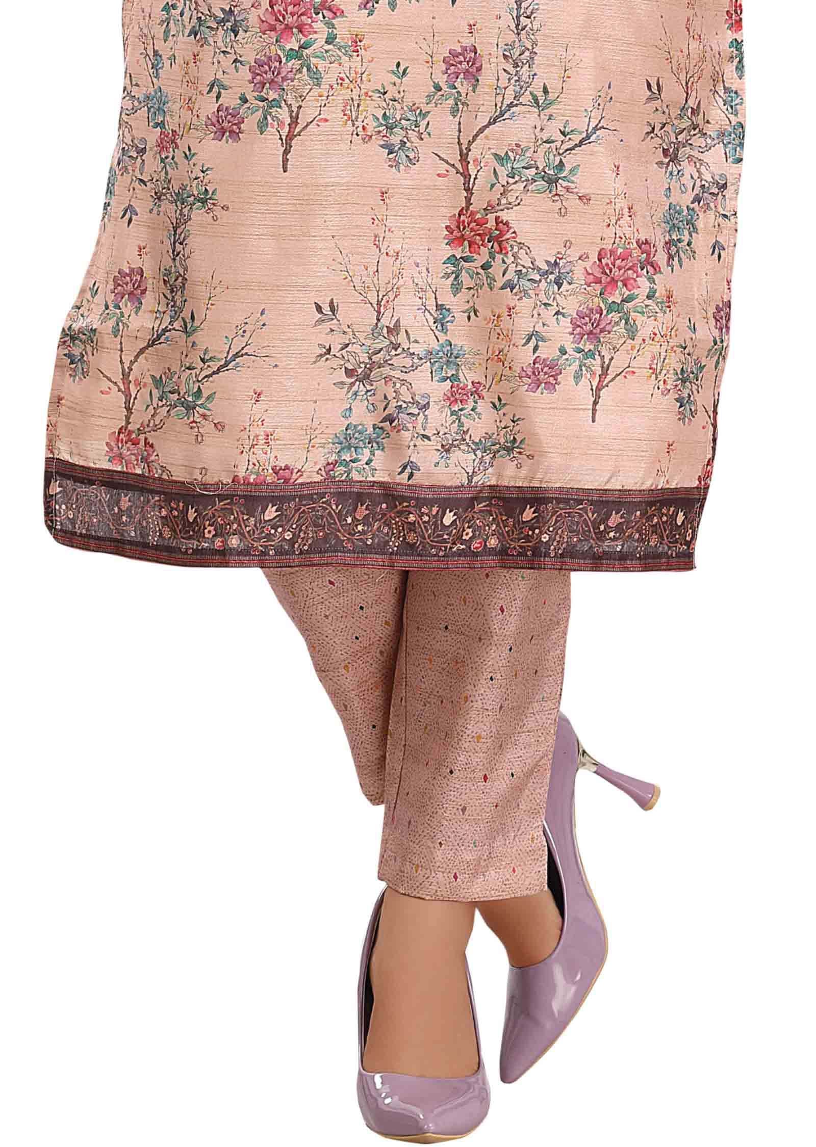 Peach Chanderi Printed Kurti Sets