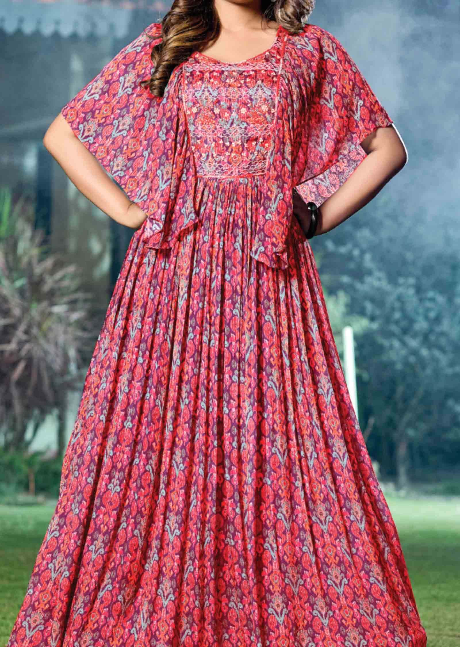 Rani Pink Chinnon Embroidered Kurti Full legth