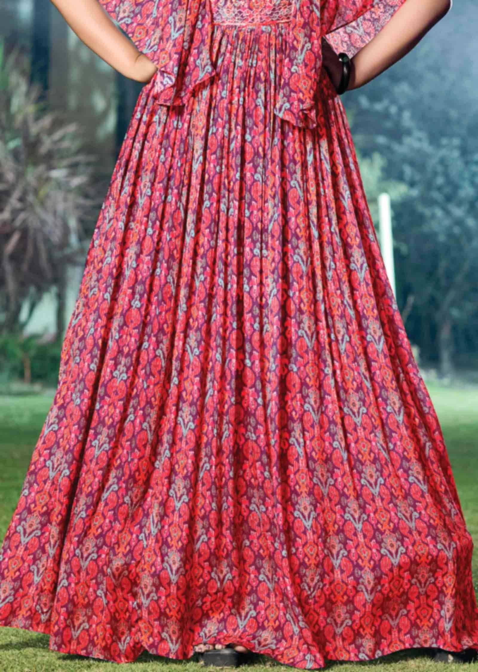 Rani Pink Chinnon Embroidered Kurti Full legth
