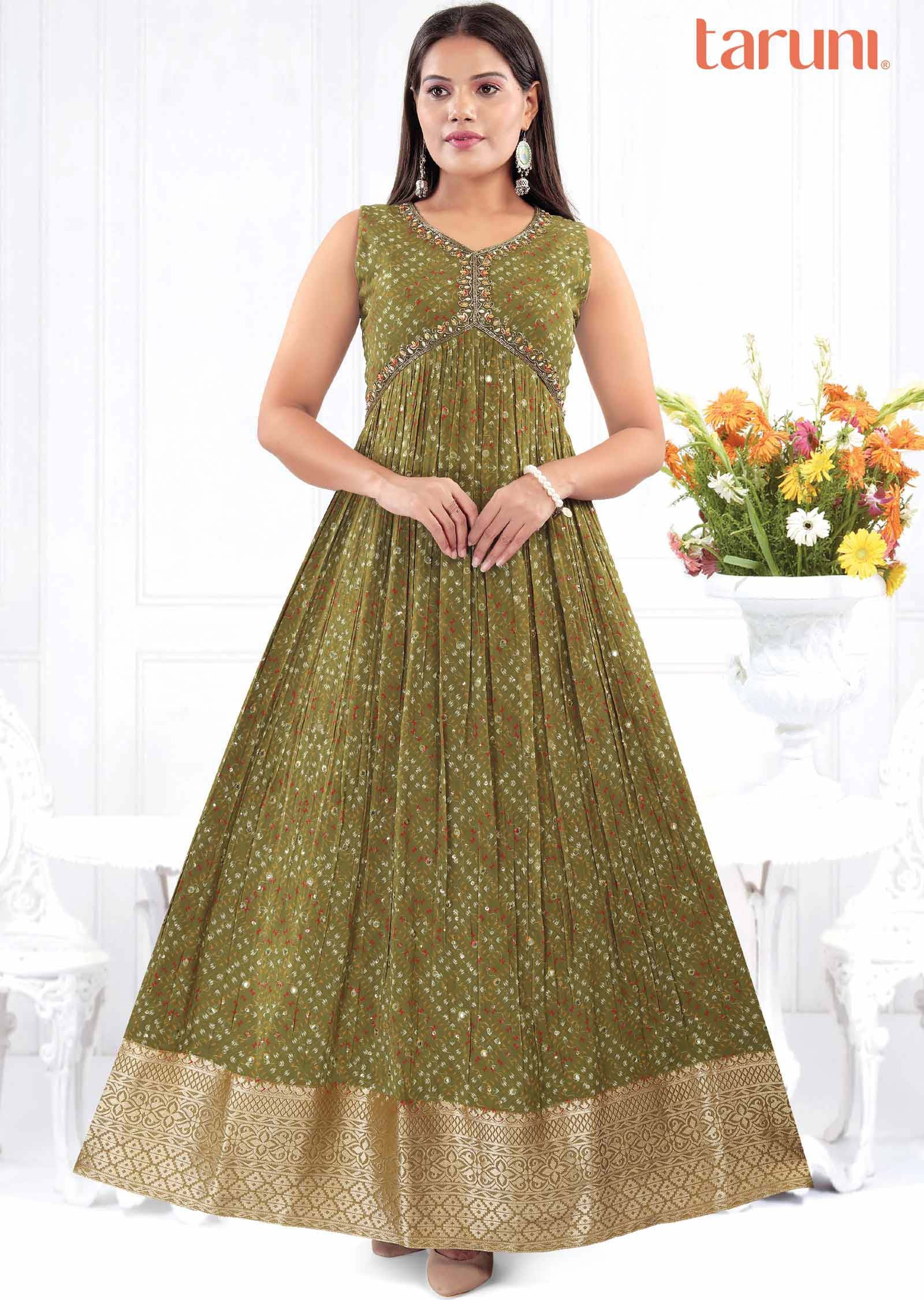 green emerald velvet dress Mehndi Green Color Thread Sequence Work Gown – subhvastra main image 0
