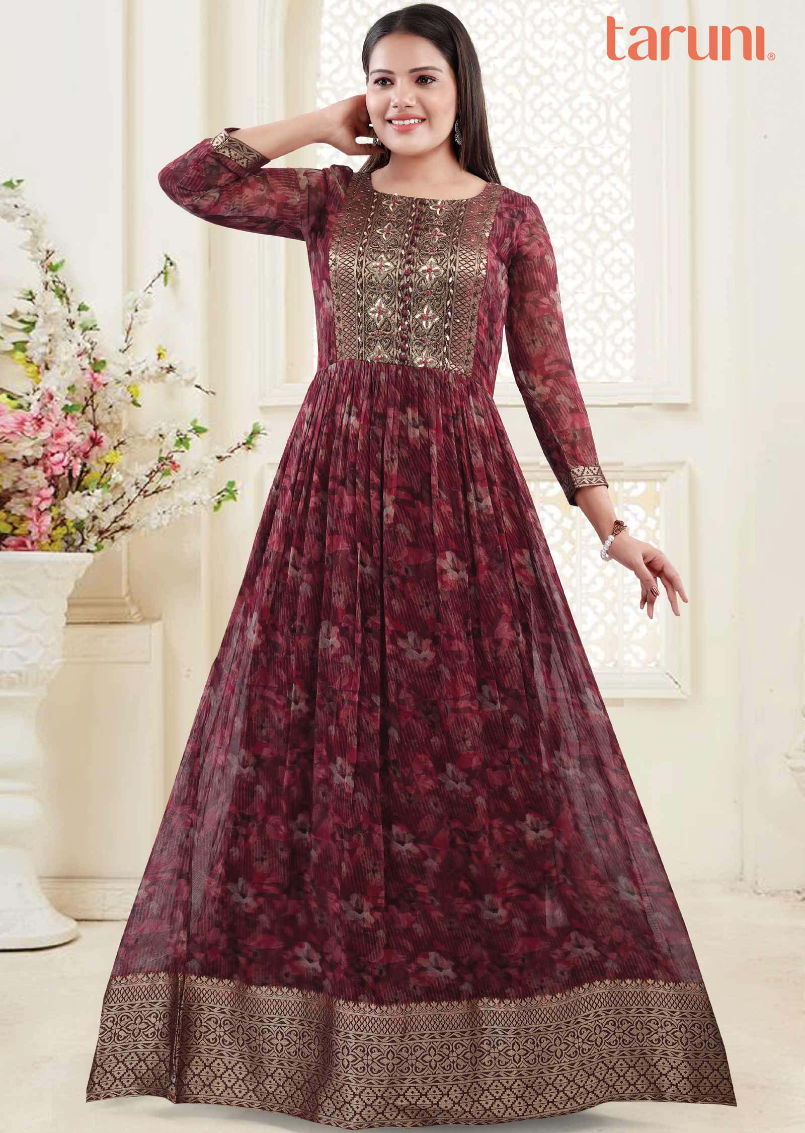 Maroon Magenta Georgette Embroidered Long Dress