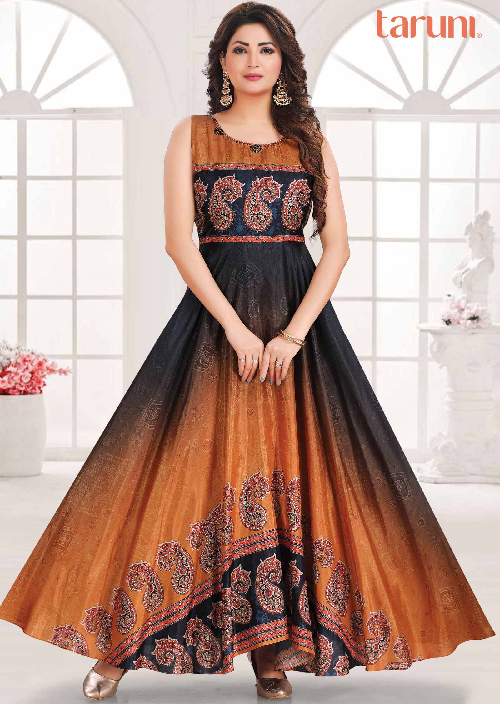 Mustard & Navy Blue Silk Printed Kurti Full legth