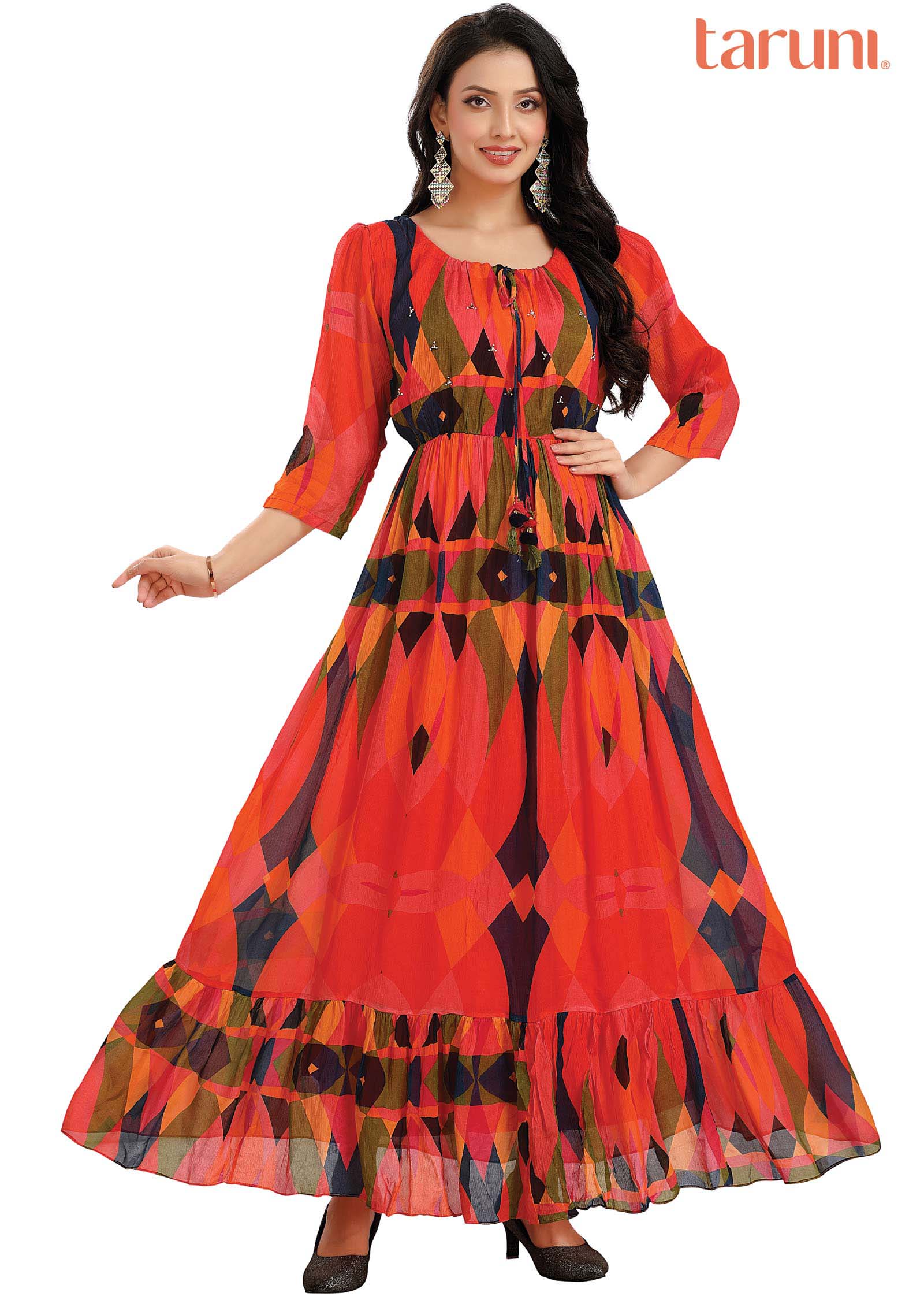 Orange Chinnon Printed Kurti Full legth