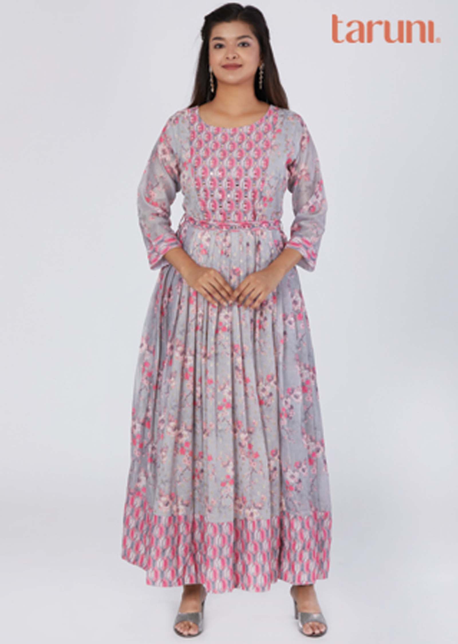 Light Grey Banaras Chanderi Sequins Full Length Kurti