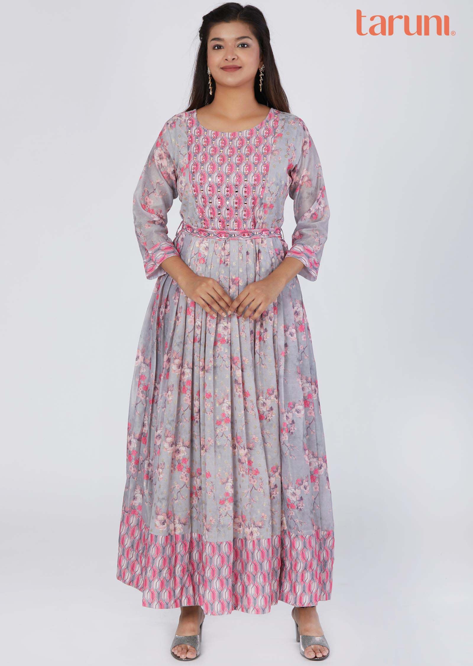 Light Grey Banaras Chanderi Sequins Full Length Kurti