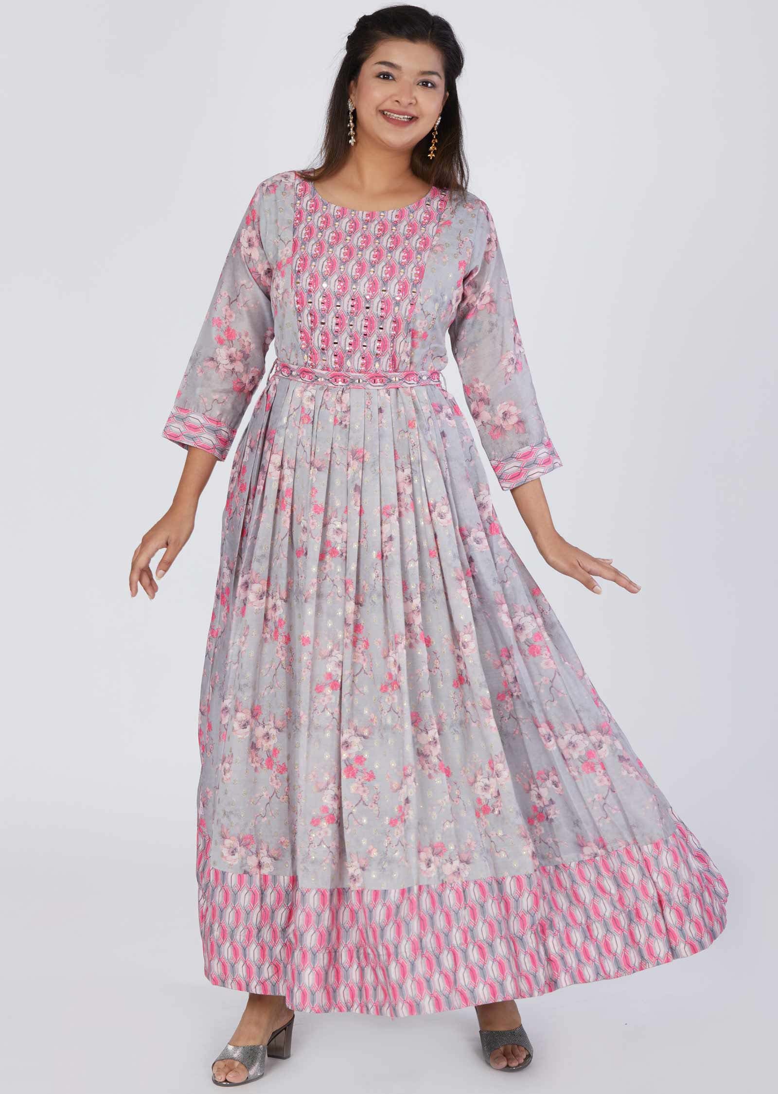 Light Grey Banaras Chanderi Sequins Full Length Kurti