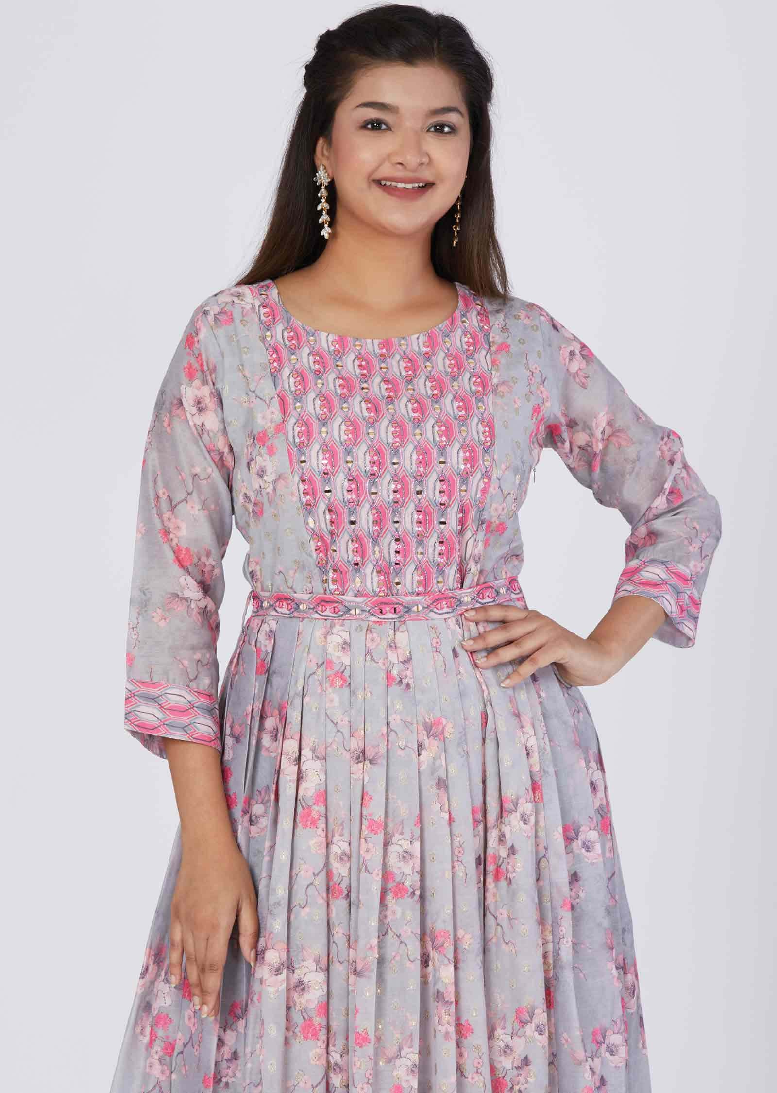 Light Grey Banaras Chanderi Sequins Full Length Kurti