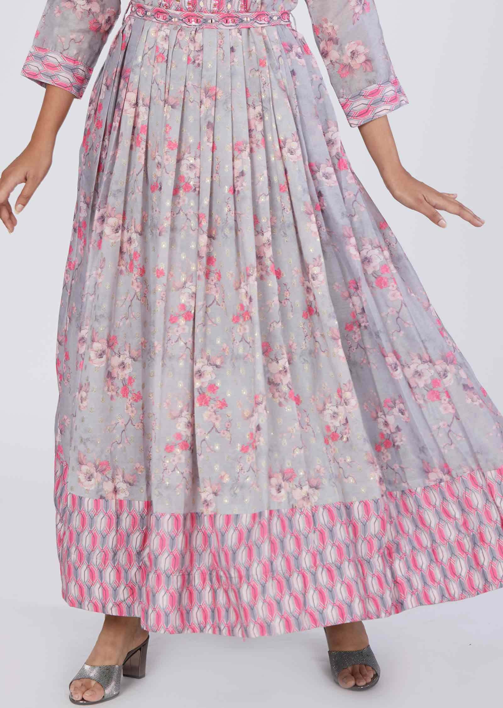 Light Grey Banaras Chanderi Sequins Full Length Kurti