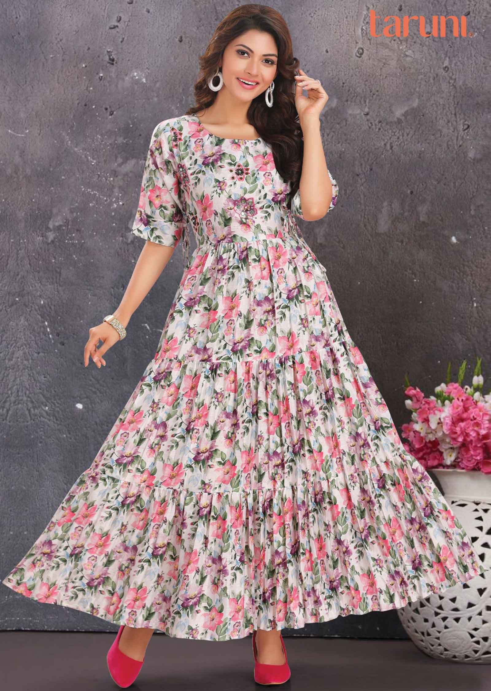 Off White Linen Cotton Floral Printed Long Dress