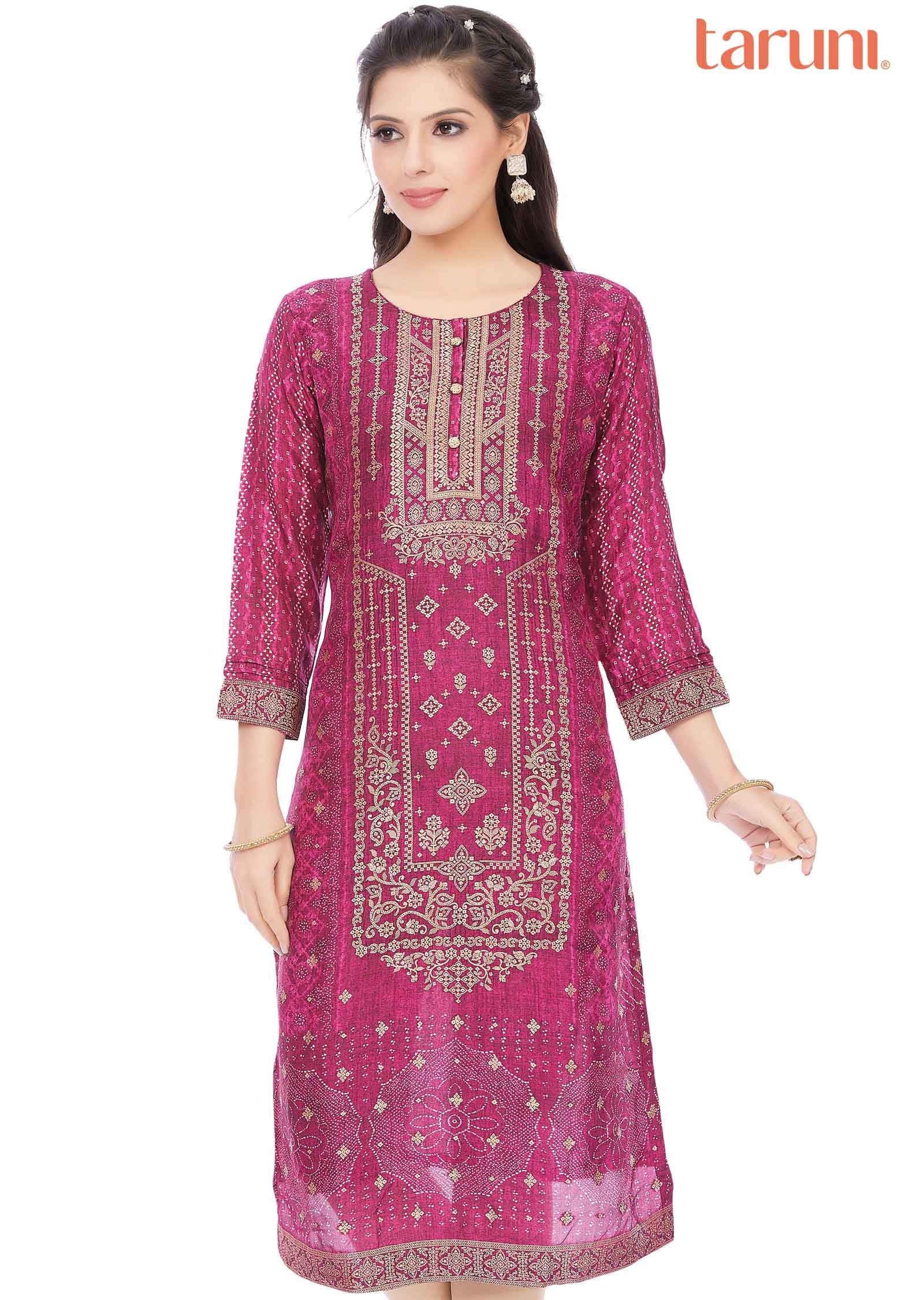 Meganta Banaras Silk Printed Straight Cut Kurti