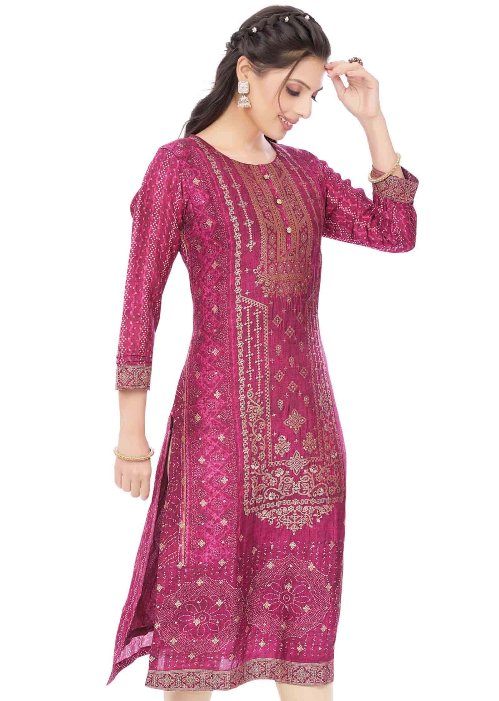 Meganta Banaras Silk Printed Straight Cut Kurti