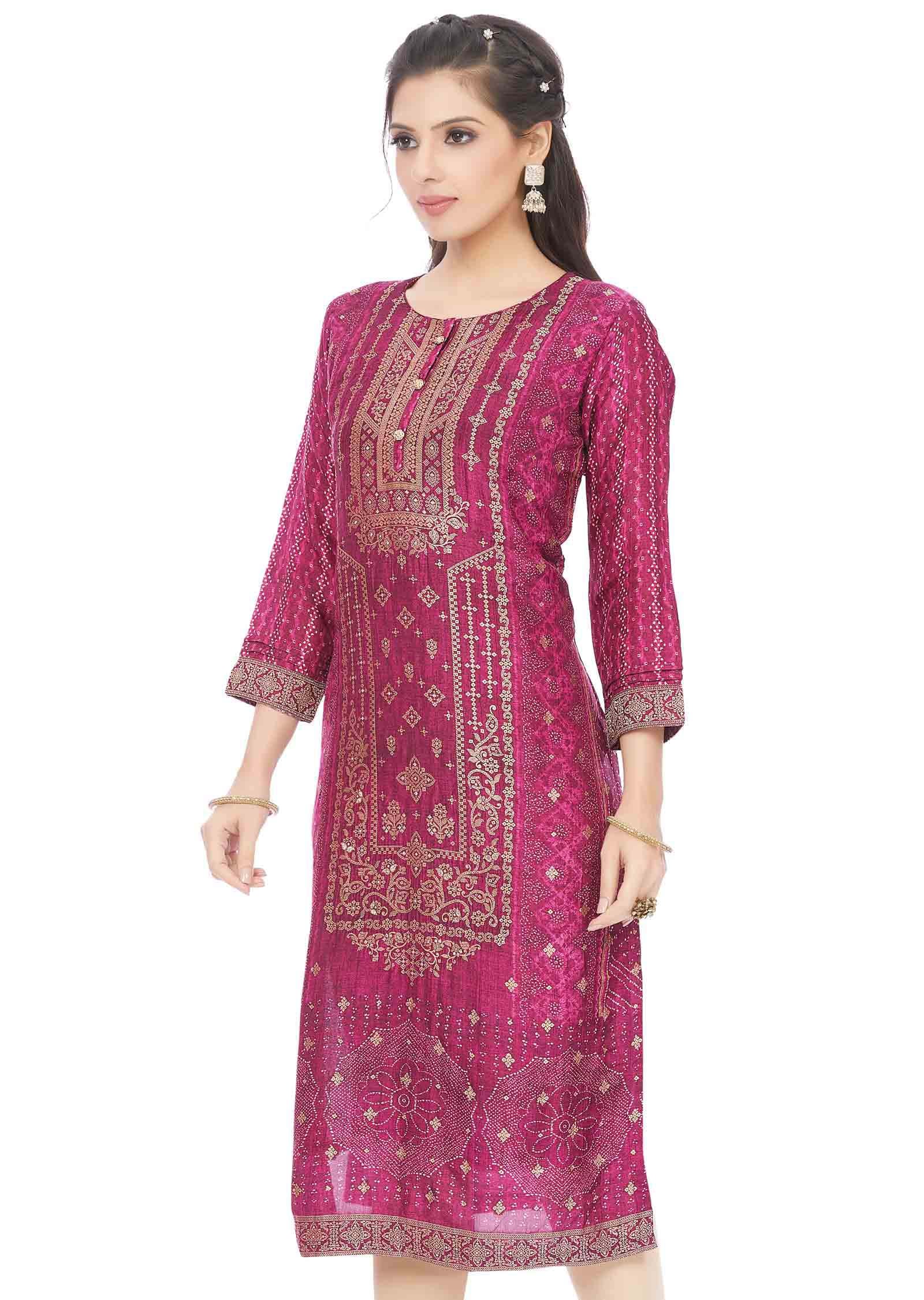 Meganta Banaras Silk Printed Straight Cut Kurti