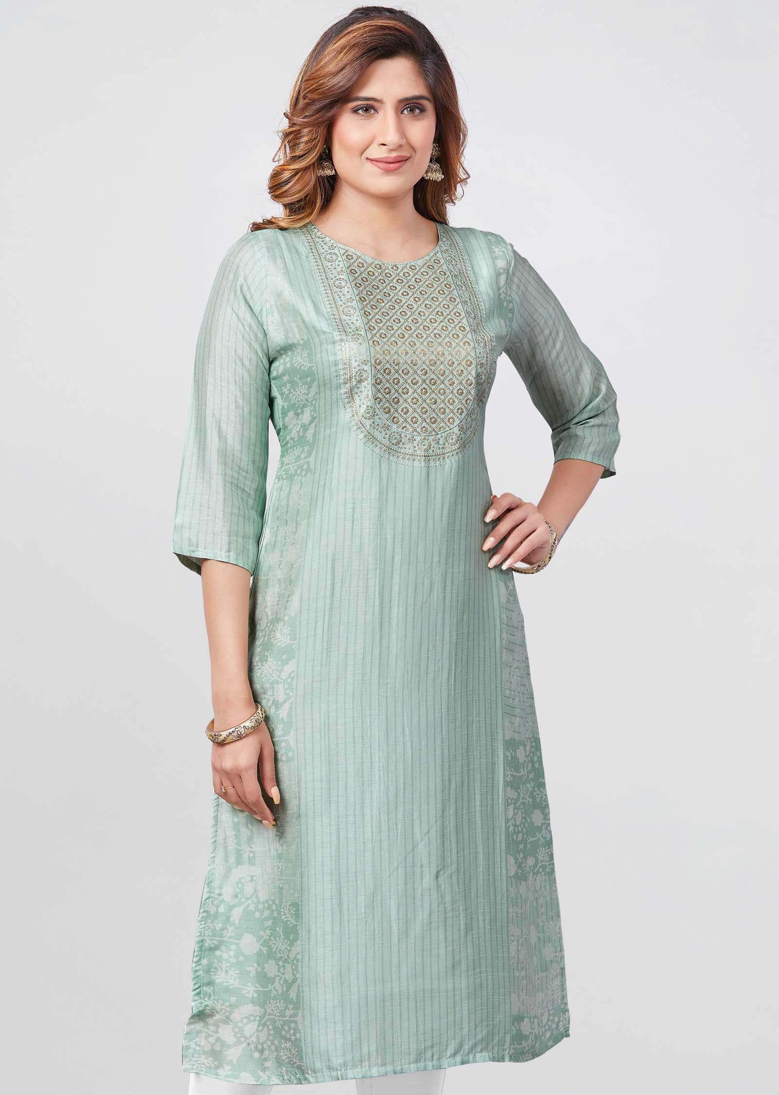 Pista Green Silk Sequins Straight Cut Kurti