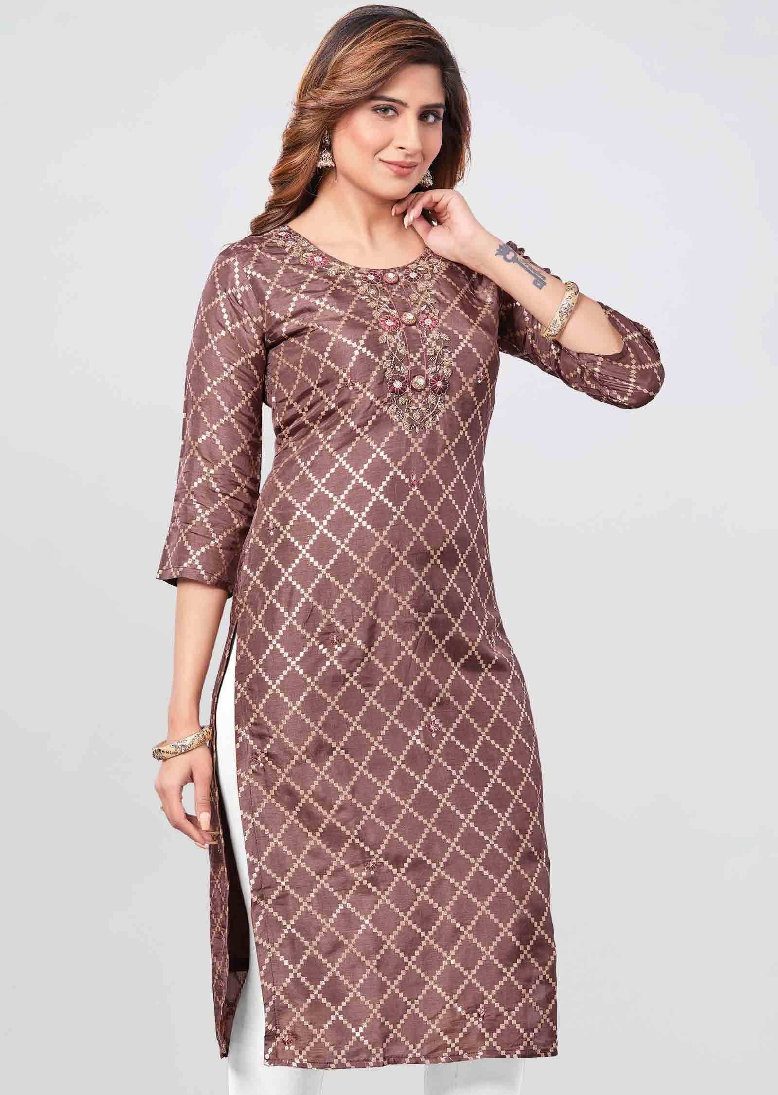 Brown Banaras Embroidered Straight Cut Kurti