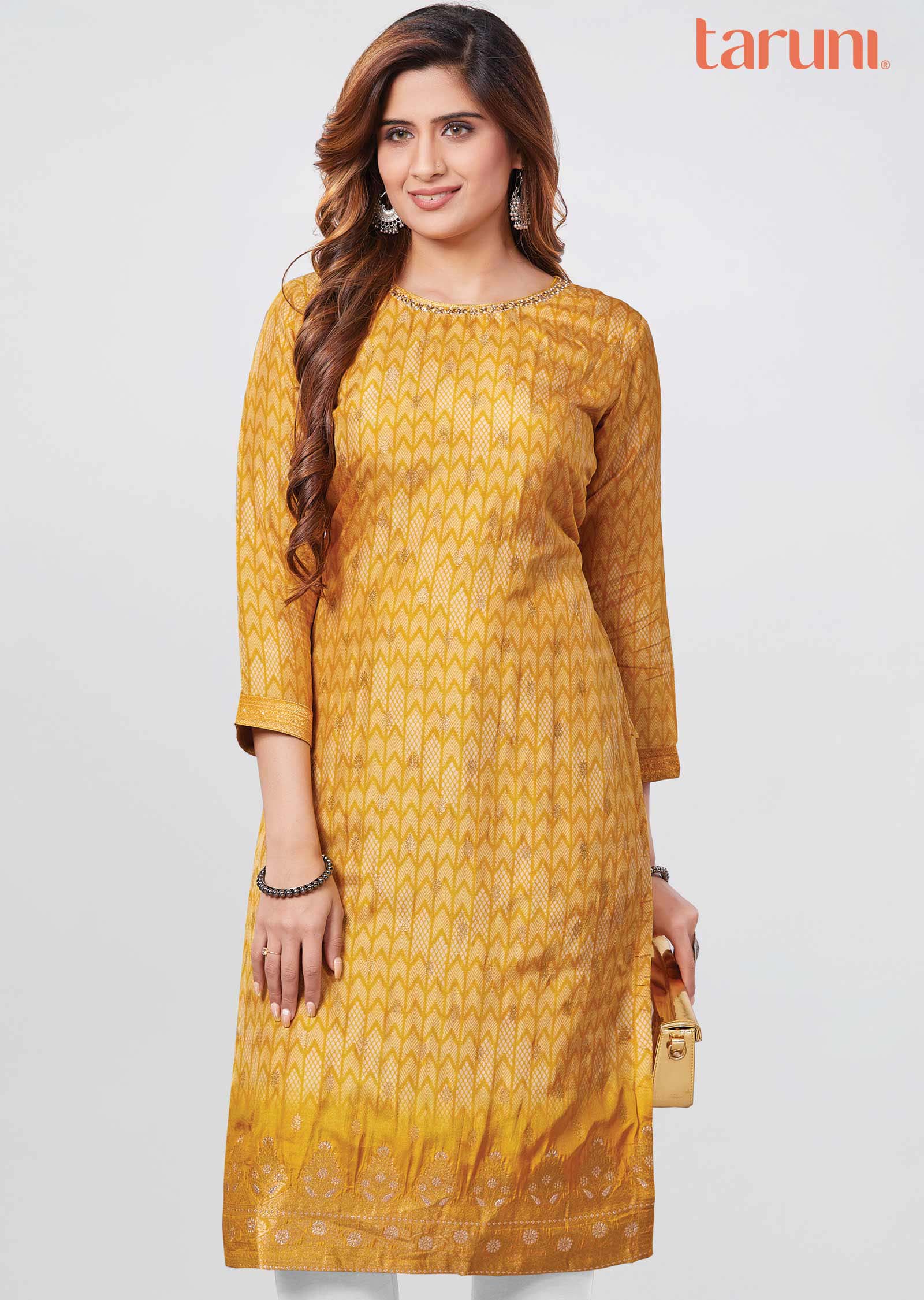 Yellow Banaras Printed Straight Cut Kurti