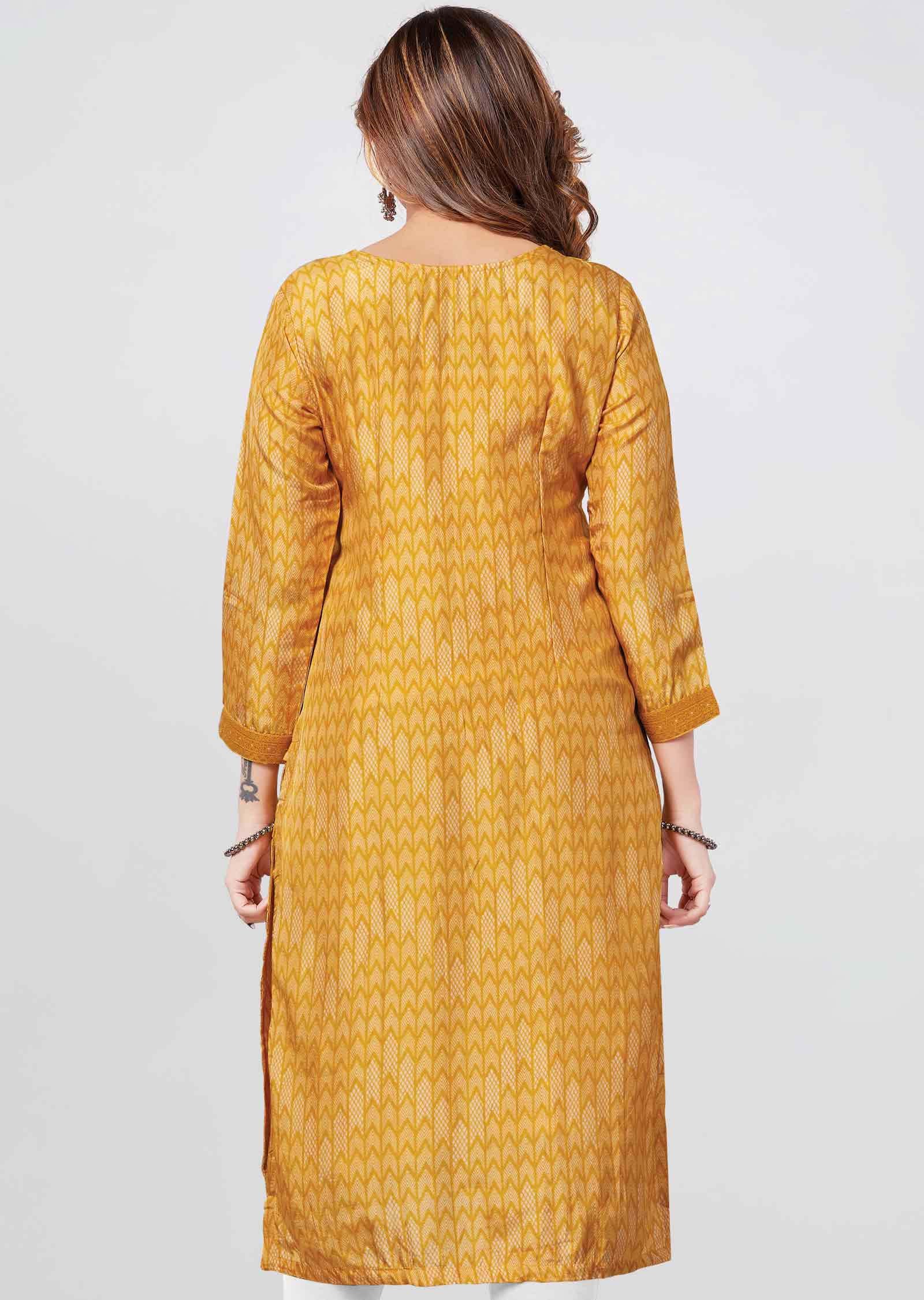 Yellow Banaras Printed Straight Cut Kurti